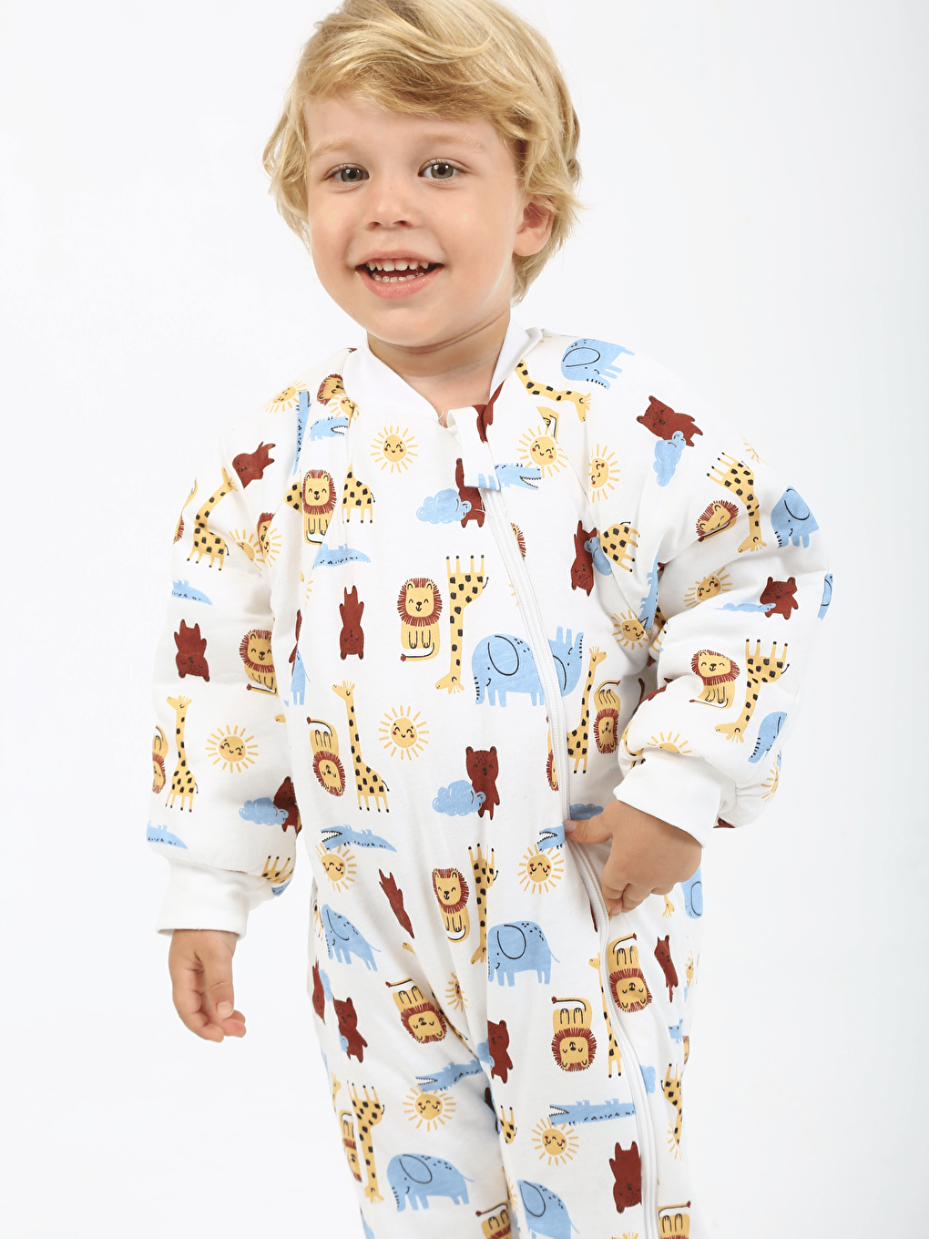 Ekru Bisiklet Yaka Baskılı Elyaf Dolgulu Erkek Çocuk Uyku Tulumu