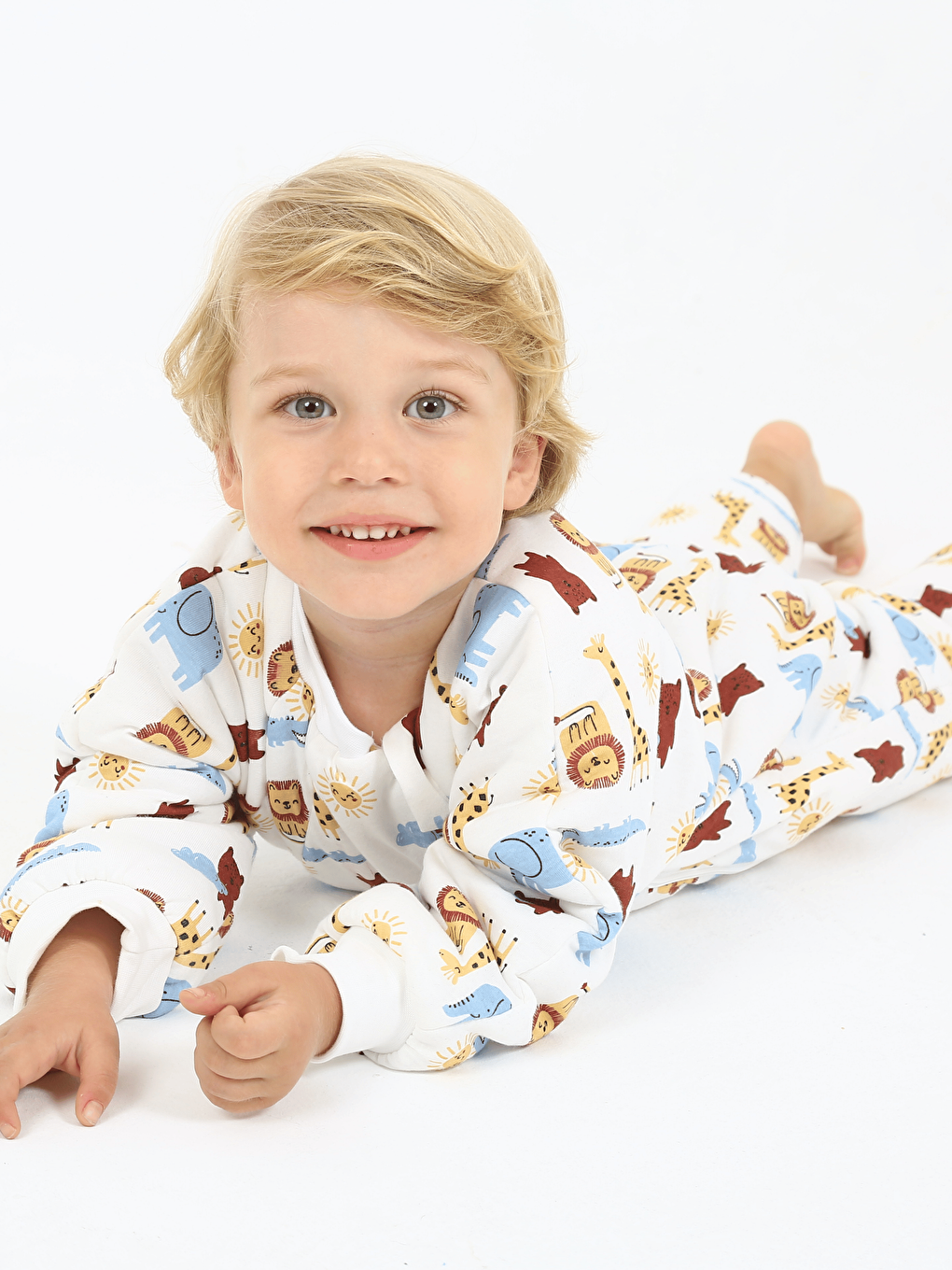 Ekru Bisiklet Yaka Baskılı Elyaf Dolgulu Erkek Çocuk Uyku Tulumu-1