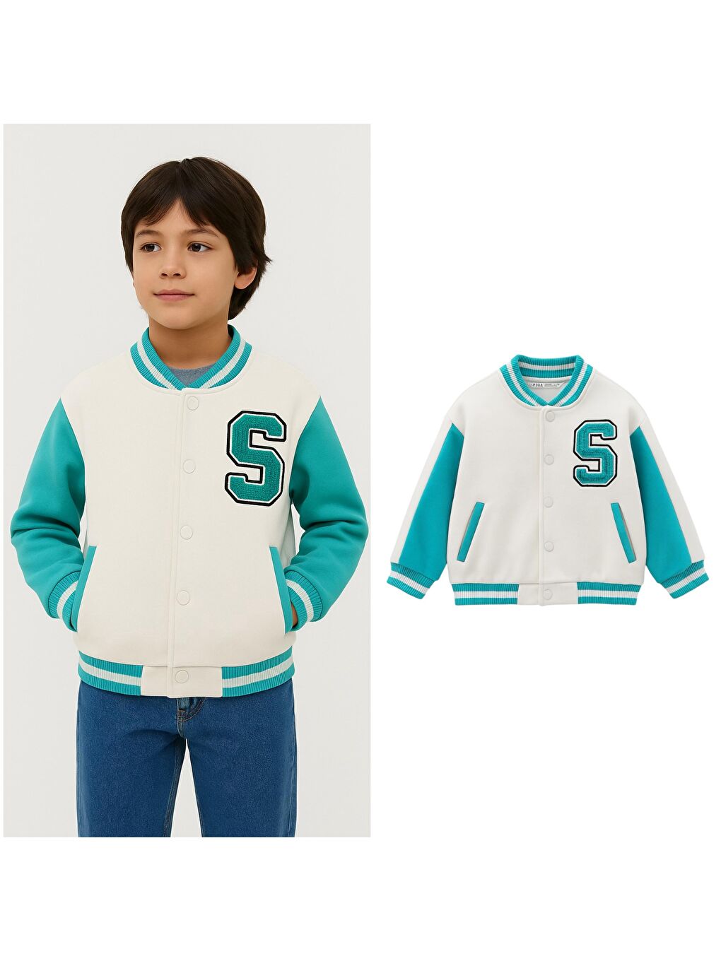 Karışık Unisex Çocuk Pamuklu Beyaz Turkuaz Kolej Ceket-2