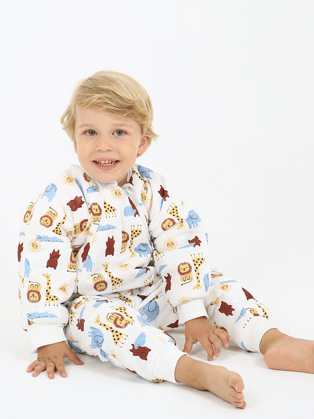 Ekru Bisiklet Yaka Baskılı Elyaf Dolgulu Erkek Çocuk Uyku Tulumu-2