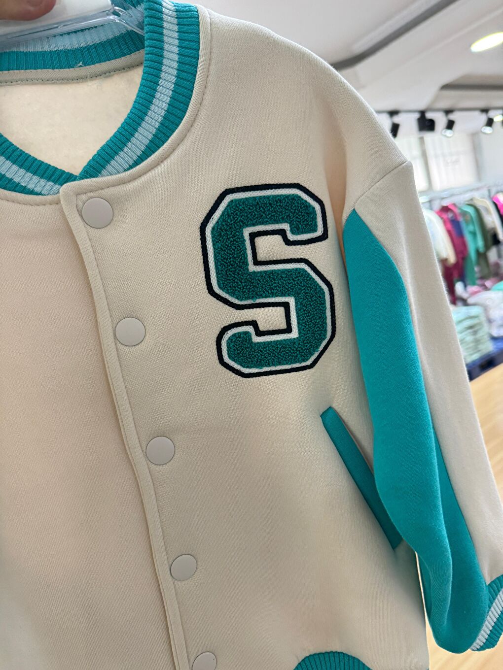 Karışık Unisex Çocuk Pamuklu Beyaz Turkuaz Kolej Ceket-4