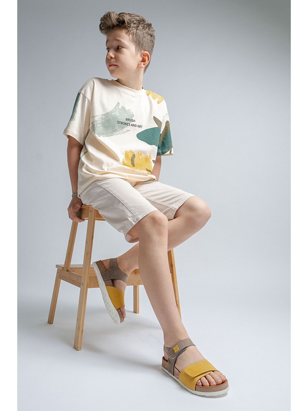 Unisex Çocuk Gri-Sarı Hakiki Deri Mantar Tabanlı Günlük  Çocuk Sandalet