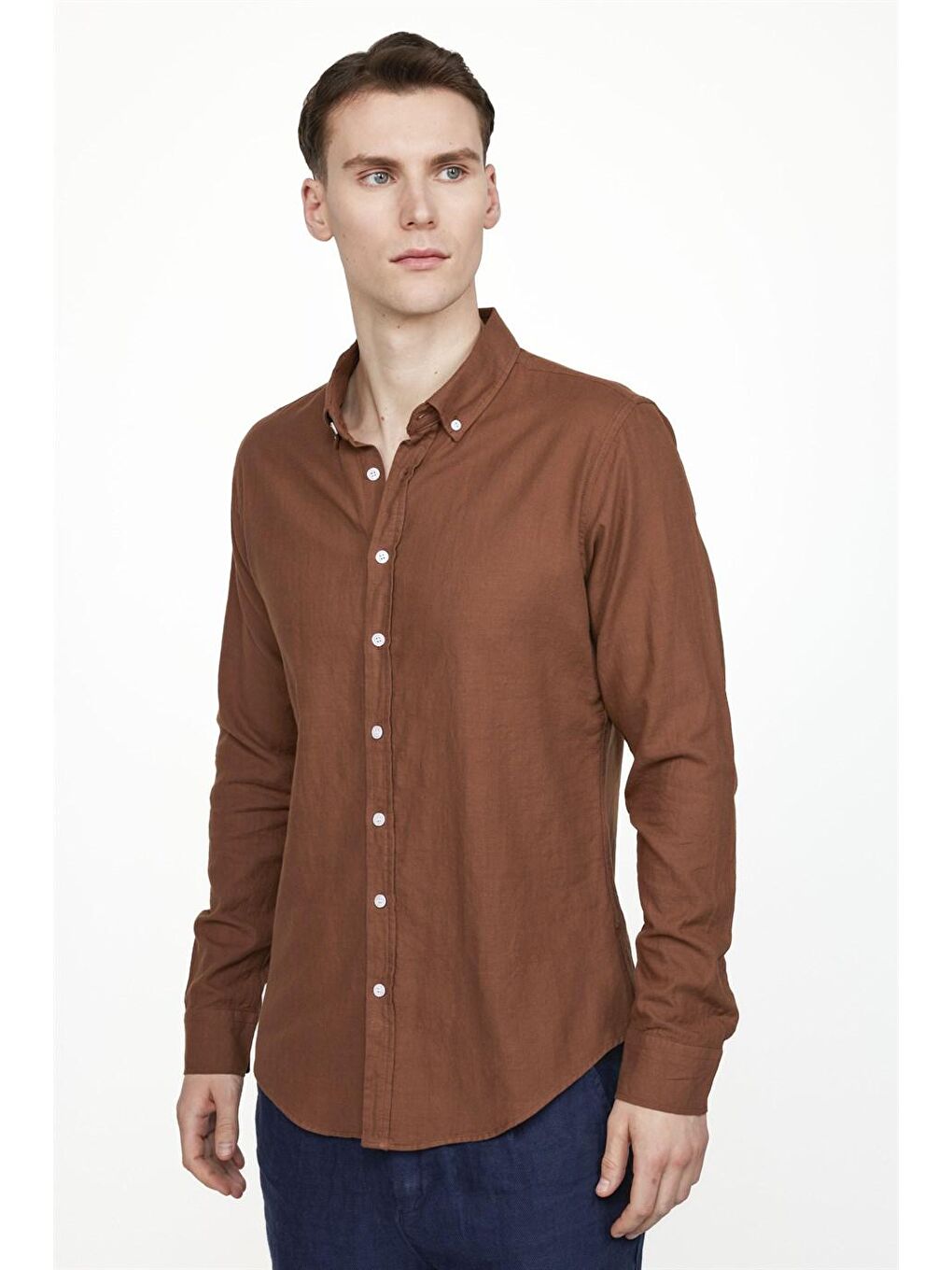 Kahverengi Slim Fit Uzun Kol Biyeli Yaka Düğmeli Keten Erkek Kahve Gömlek-1