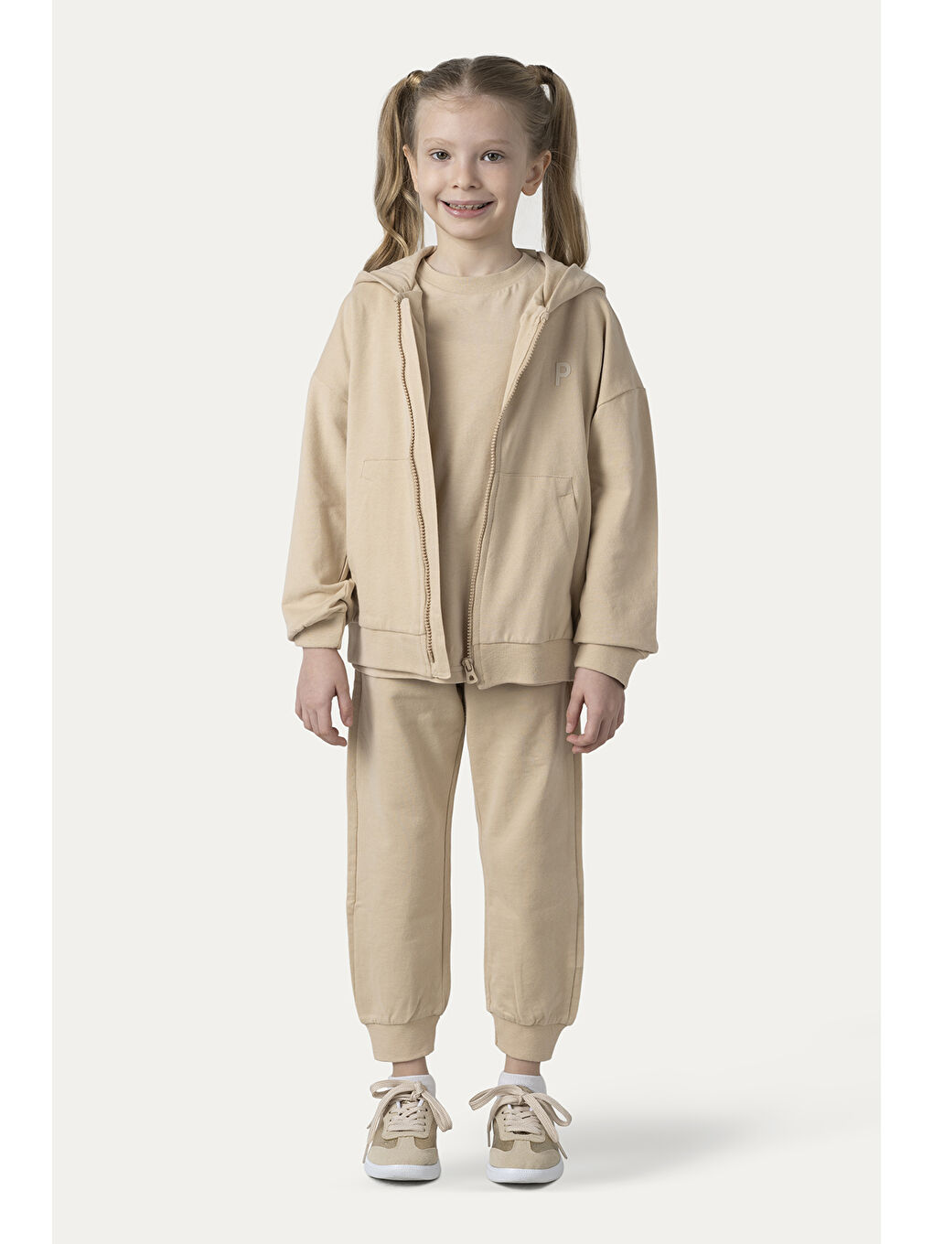 Unisex Çocuk Fermuarlı Bej Sweatshirt-5