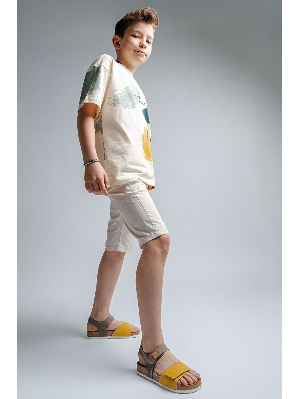 Unisex Çocuk Gri-Sarı Hakiki Deri Mantar Tabanlı Günlük  Çocuk Sandalet-1