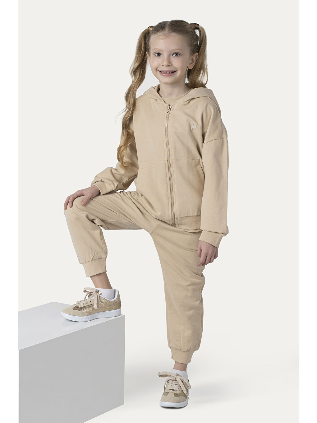 Unisex Çocuk Fermuarlı Bej Sweatshirt-7