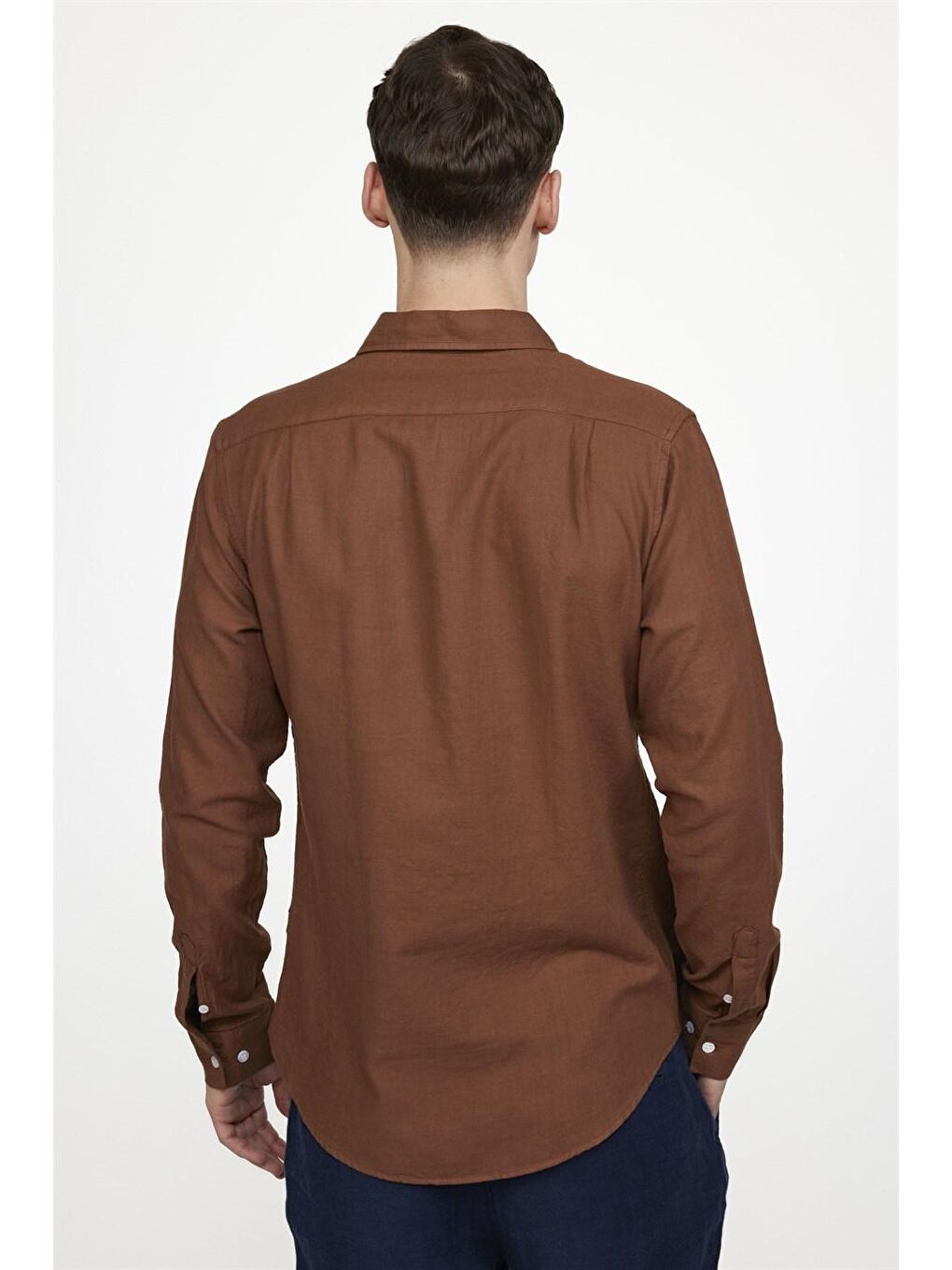 Kahverengi Slim Fit Uzun Kol Biyeli Yaka Düğmeli Keten Erkek Kahve Gömlek-3