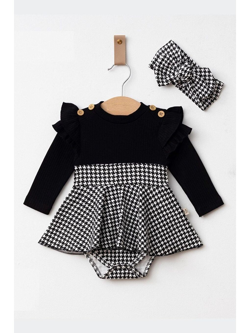 Siyah Kız Bebek Kazayağı Bodysuit Bandanalı Elbise