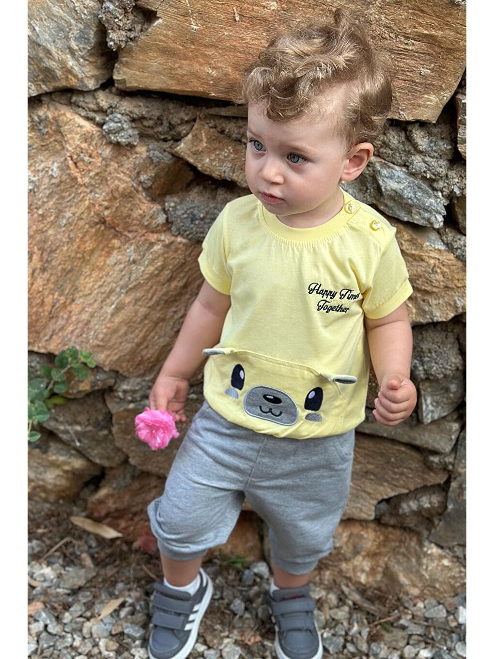 Erkek Bebek Kapri Takım Sevimli Ayıcık Nakışlı Sarı (9 Ay-1.5 Yaş)-3