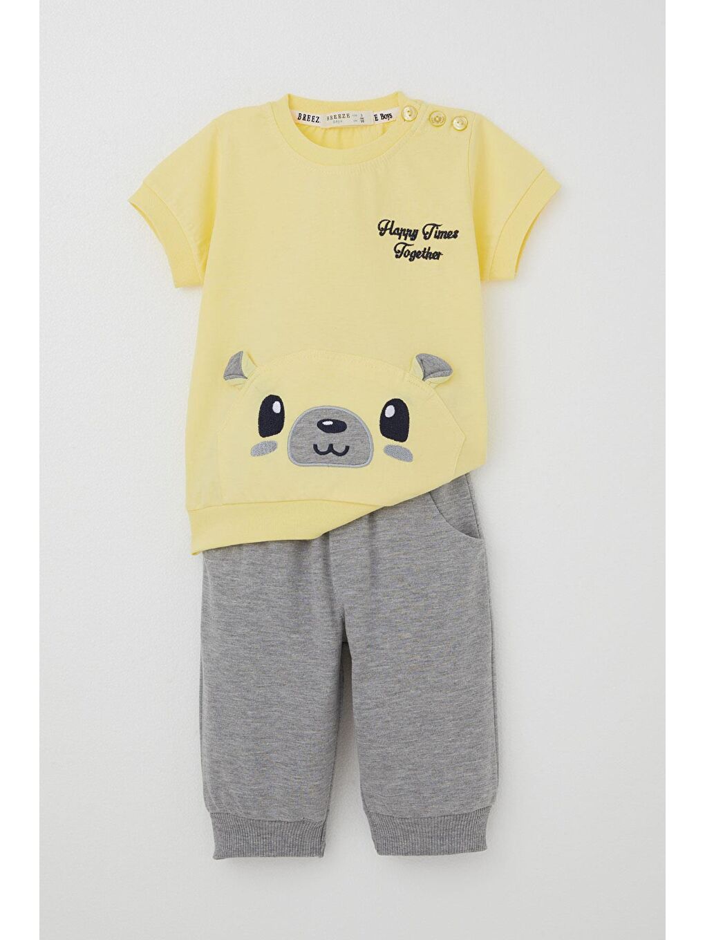 Erkek Bebek Kapri Takım Sevimli Ayıcık Nakışlı Sarı (9 Ay-1.5 Yaş)-4