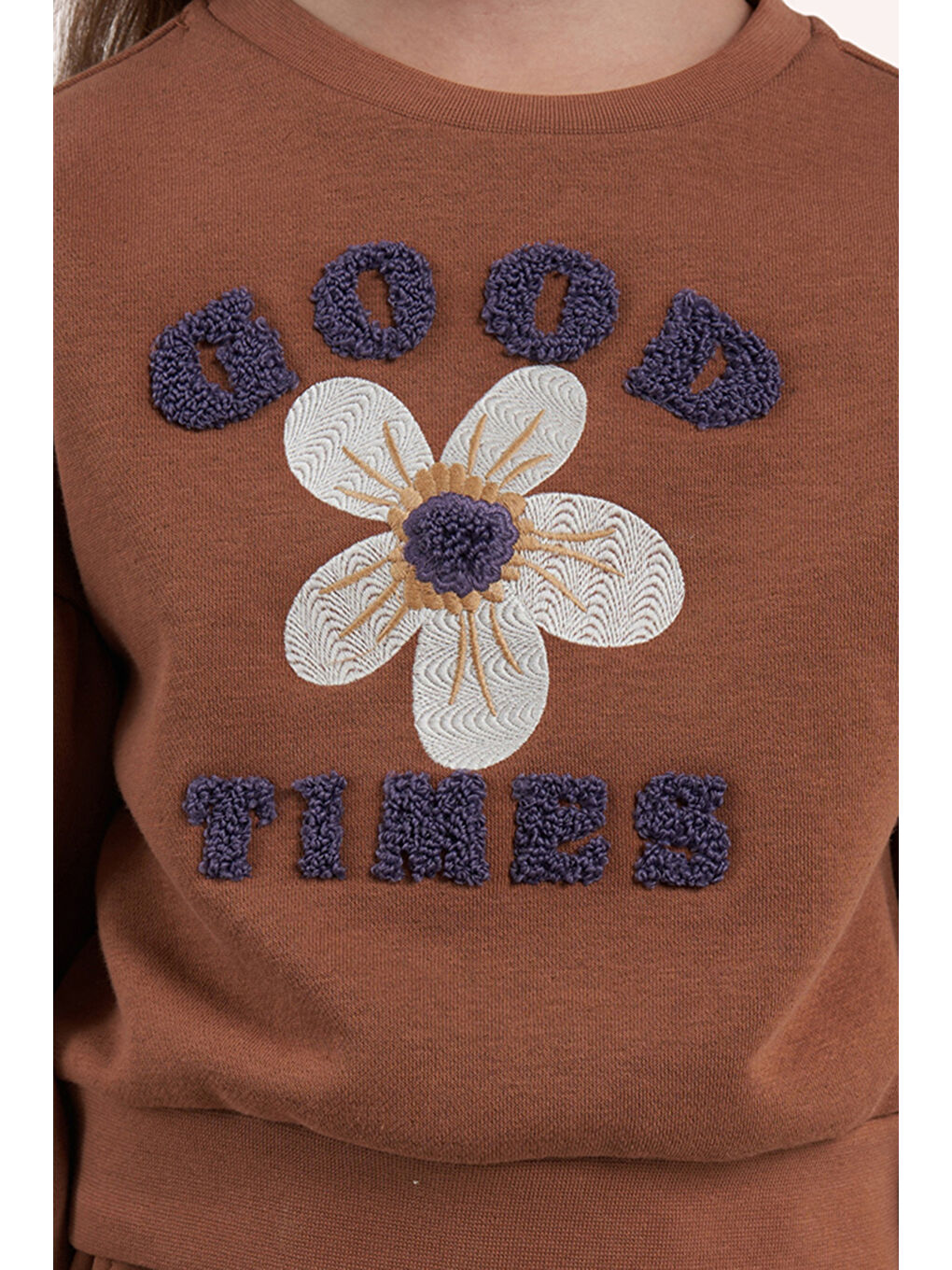 Kahverengi Kız Çocuk Nakışlı Camel Sweatshirt-5