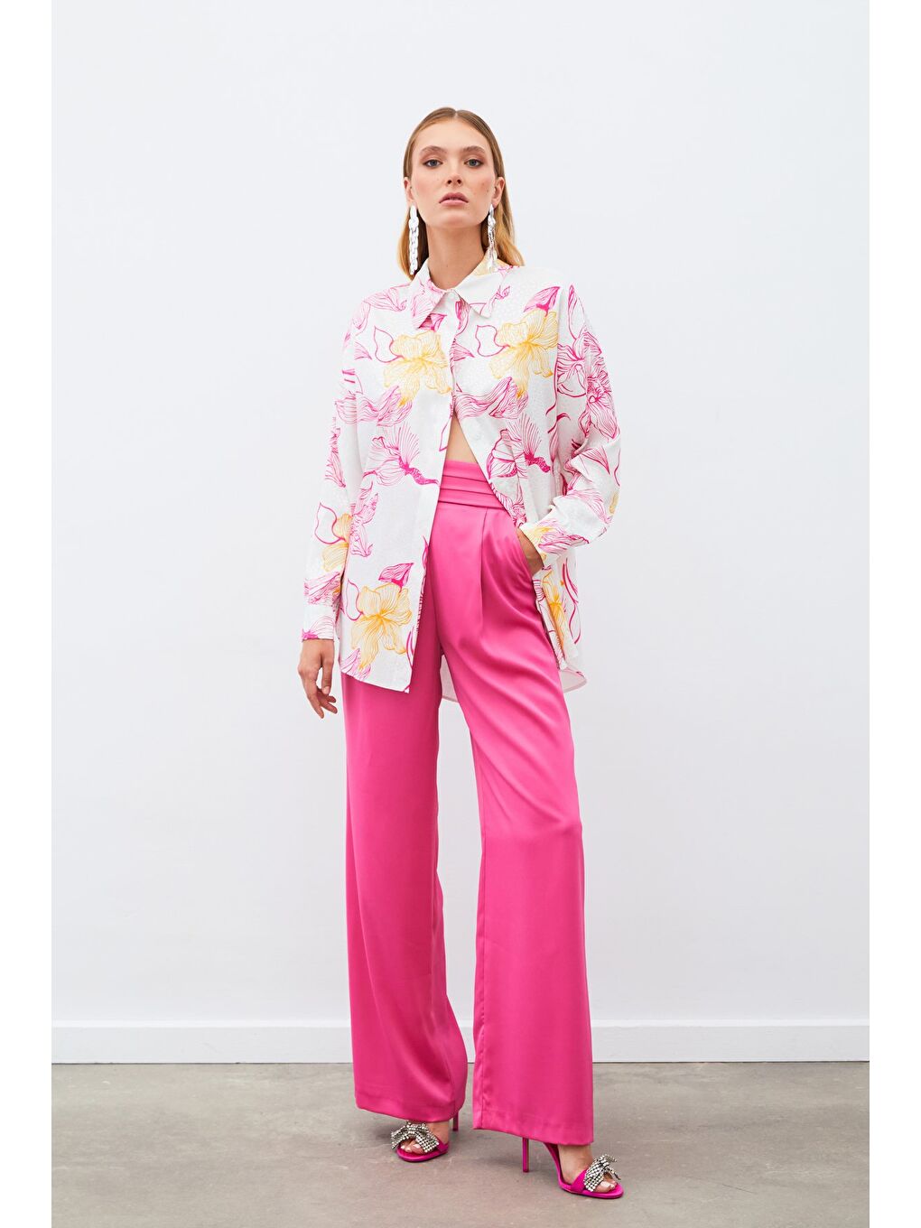 Renkli Desenli Salaş Gömlek - Fuşya