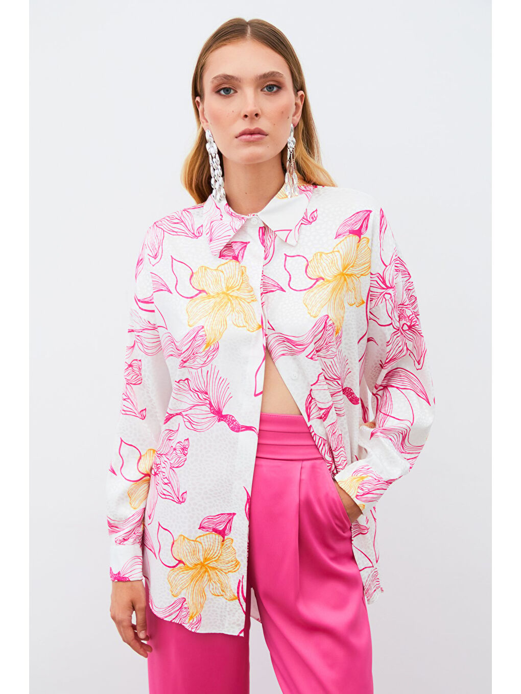 Renkli Desenli Salaş Gömlek - Fuşya-1