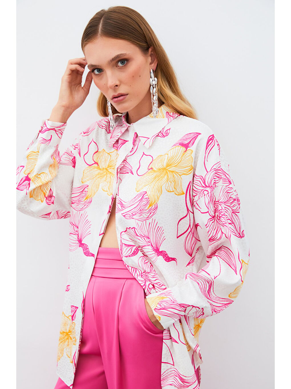 Renkli Desenli Salaş Gömlek - Fuşya-2