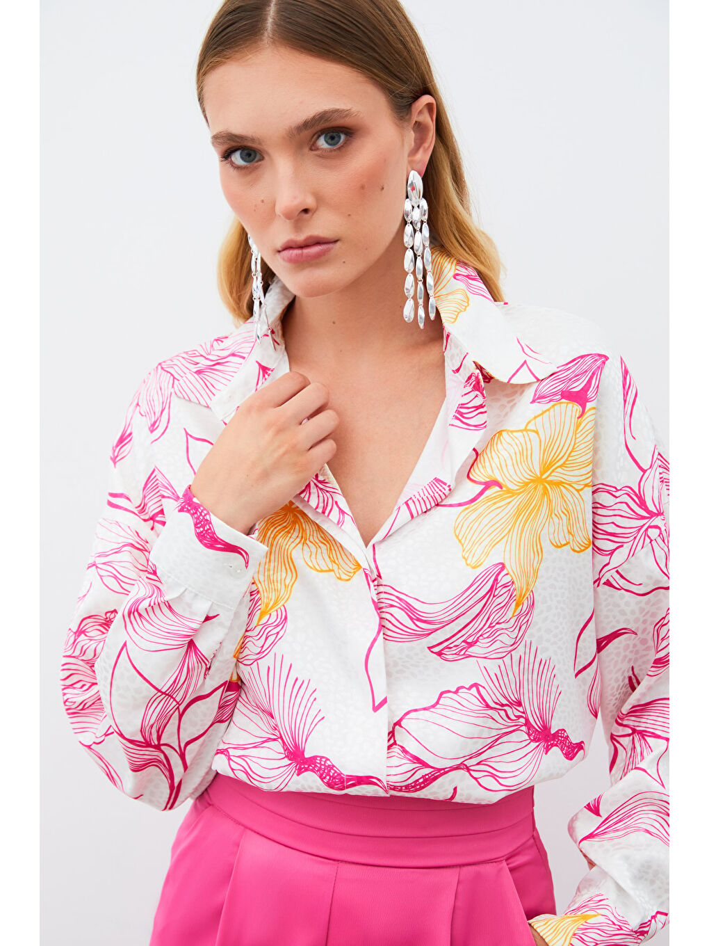 Renkli Desenli Salaş Gömlek - Fuşya-3