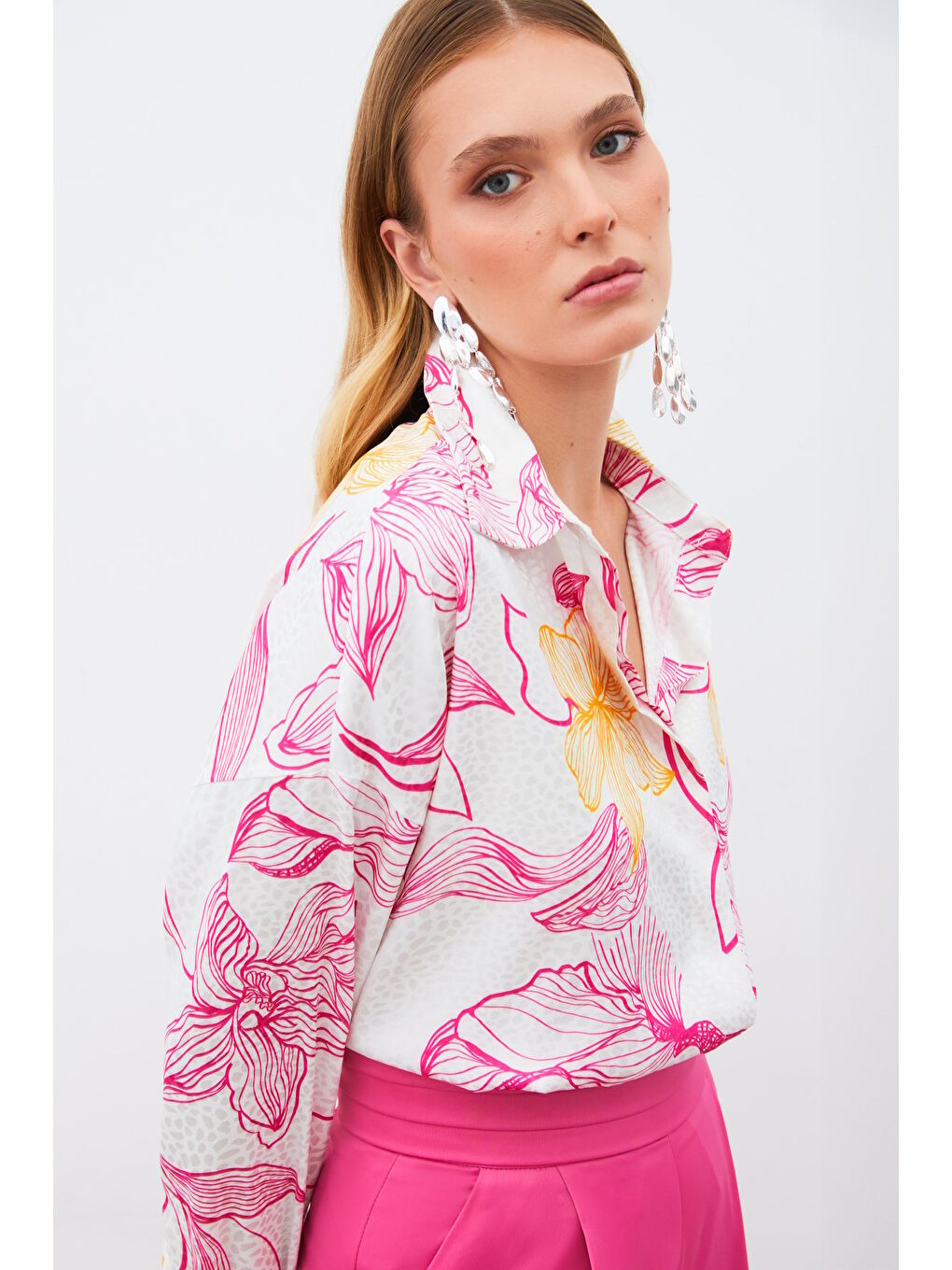 Renkli Desenli Salaş Gömlek - Fuşya-4