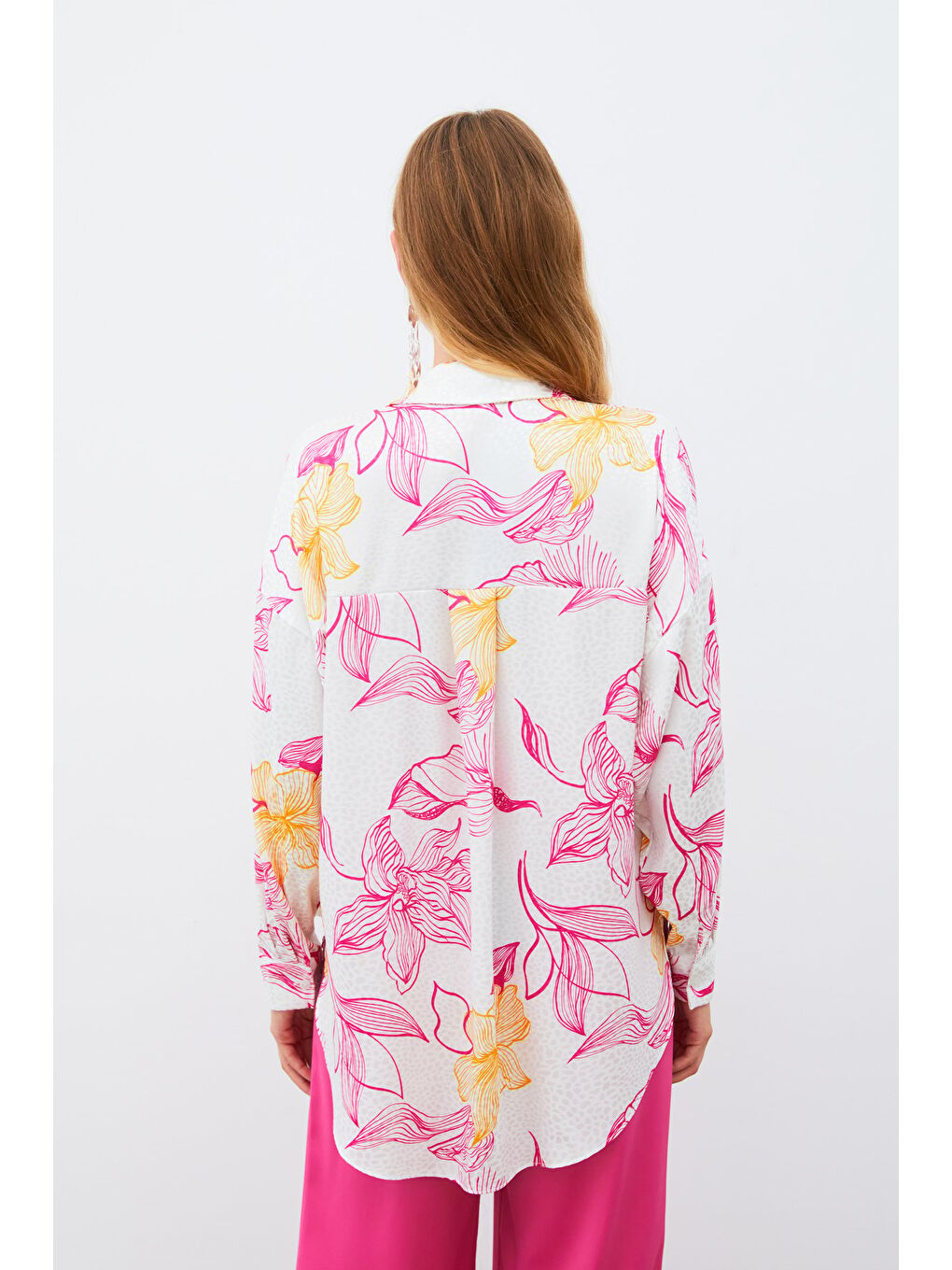 Renkli Desenli Salaş Gömlek - Fuşya-5