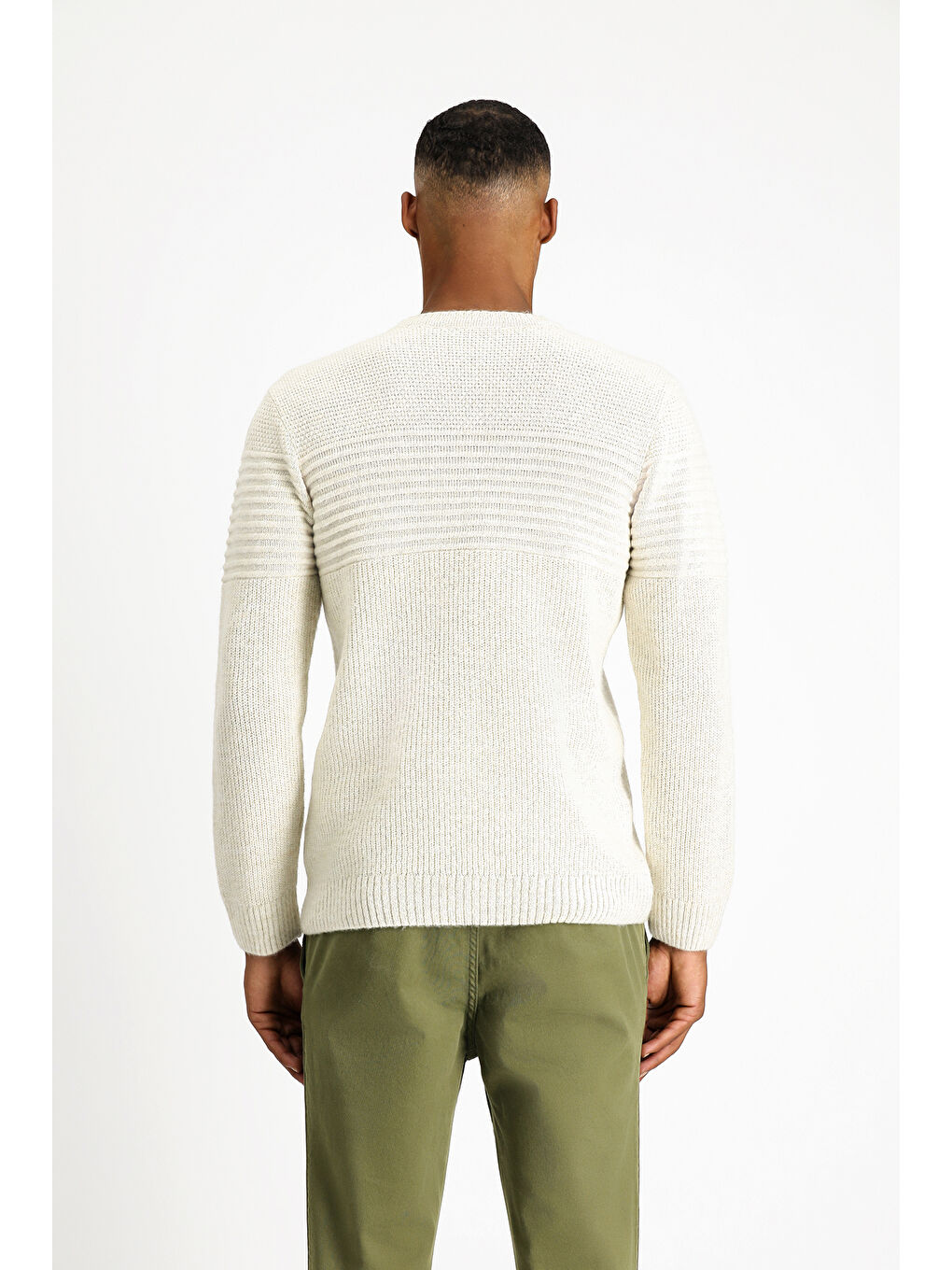 Bej Bisiklet Yaka Regular Fit Çizgili Triko Büyük Beden Kazak-3