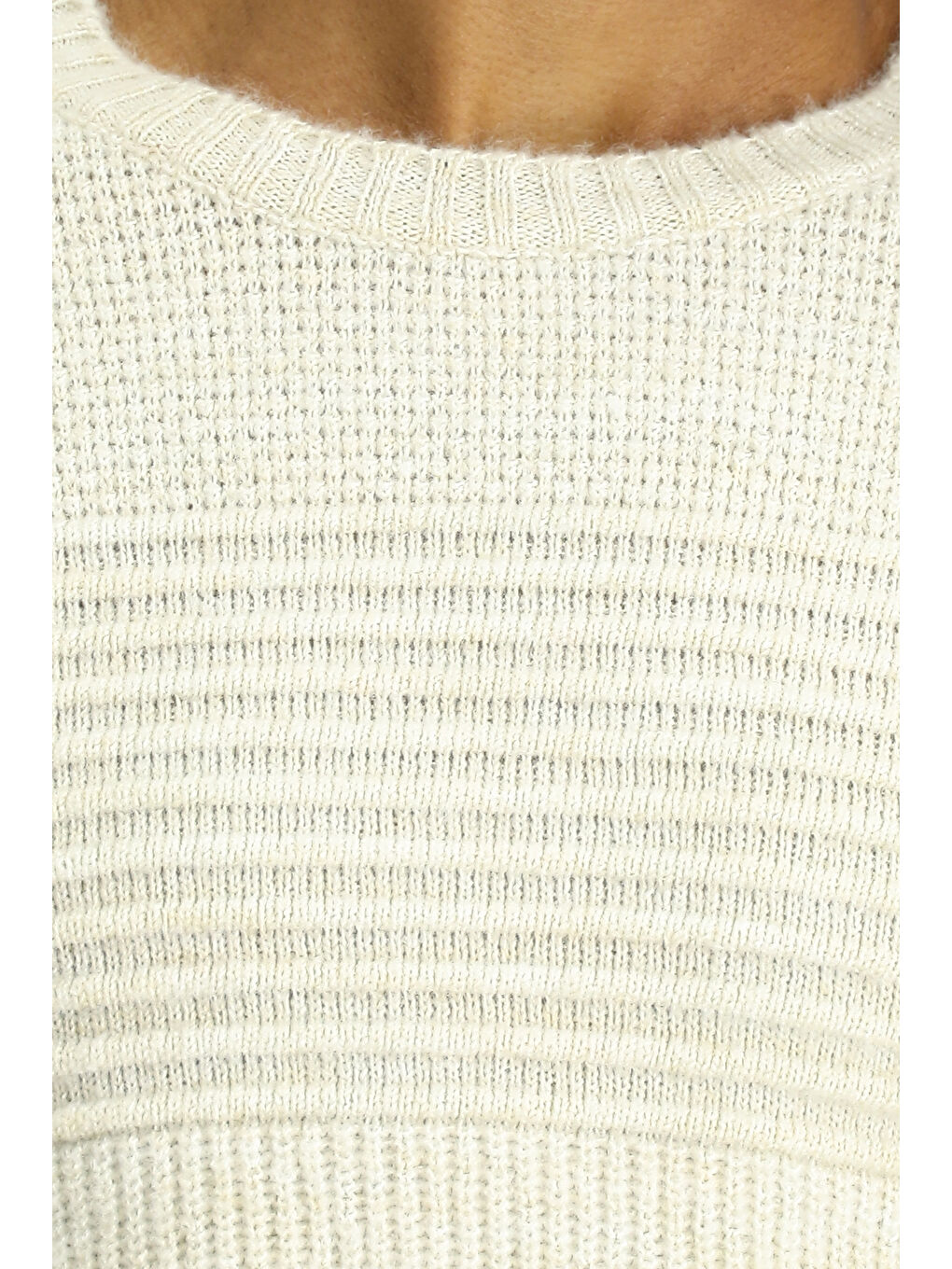 Bej Bisiklet Yaka Regular Fit Çizgili Triko Büyük Beden Kazak-4