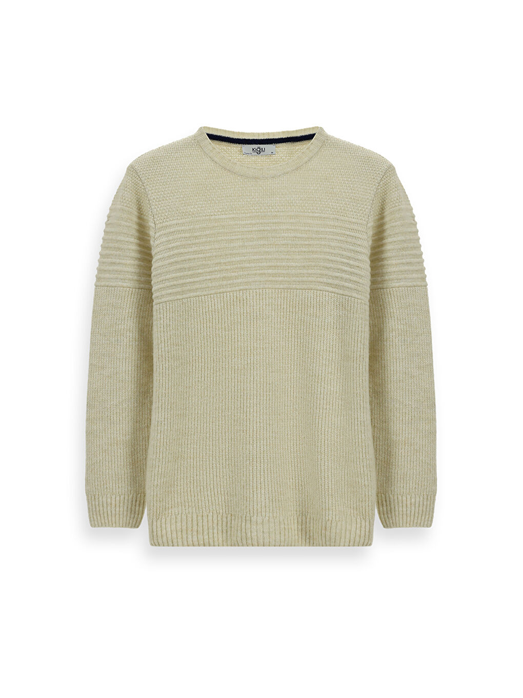 Bej Bisiklet Yaka Regular Fit Çizgili Triko Büyük Beden Kazak-5