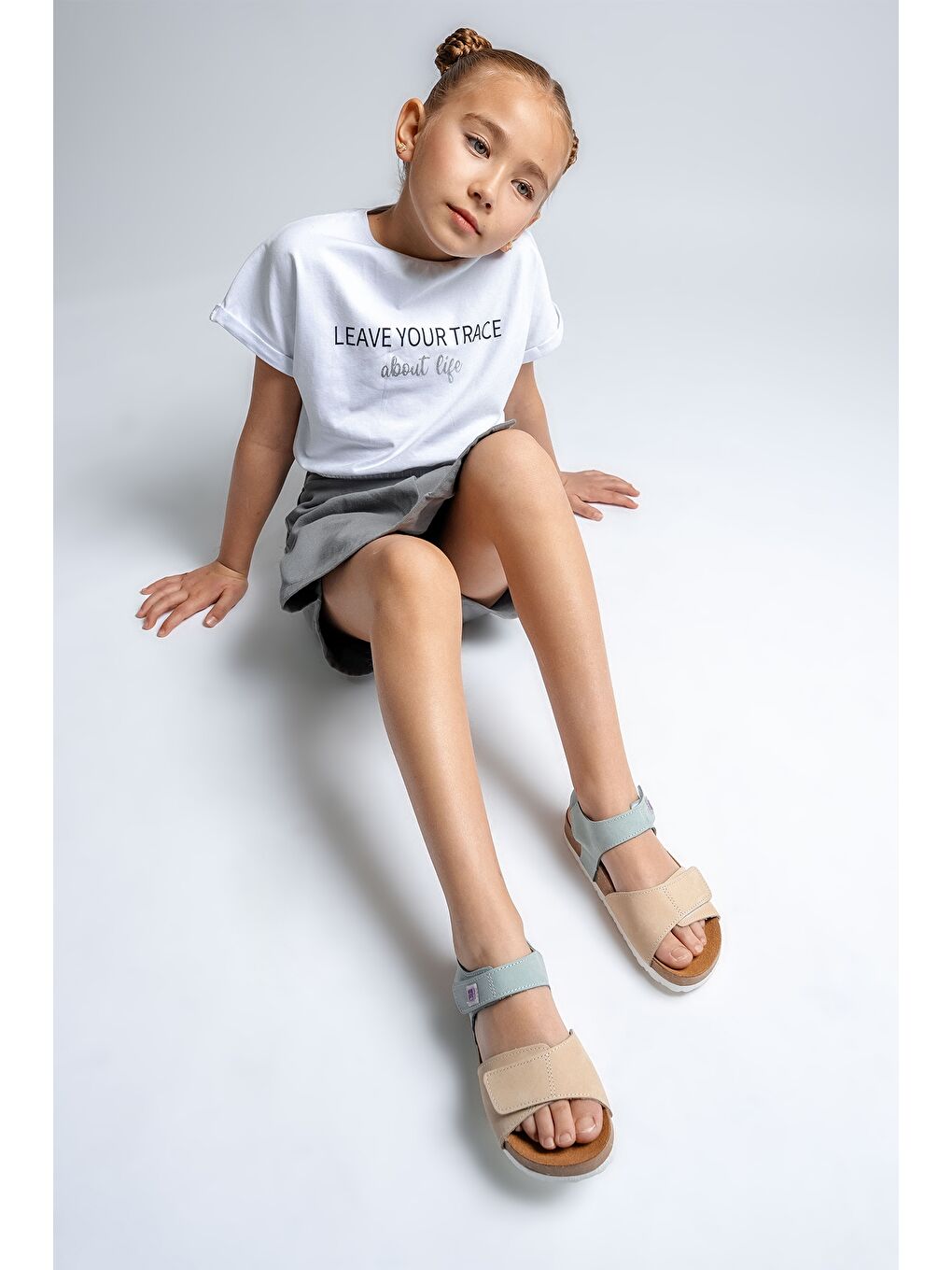 Unisex Çocuk Sarı-Su Yeşili Hakiki Deri Mantar Tabanlı Günlük  Çocuk Sandalet