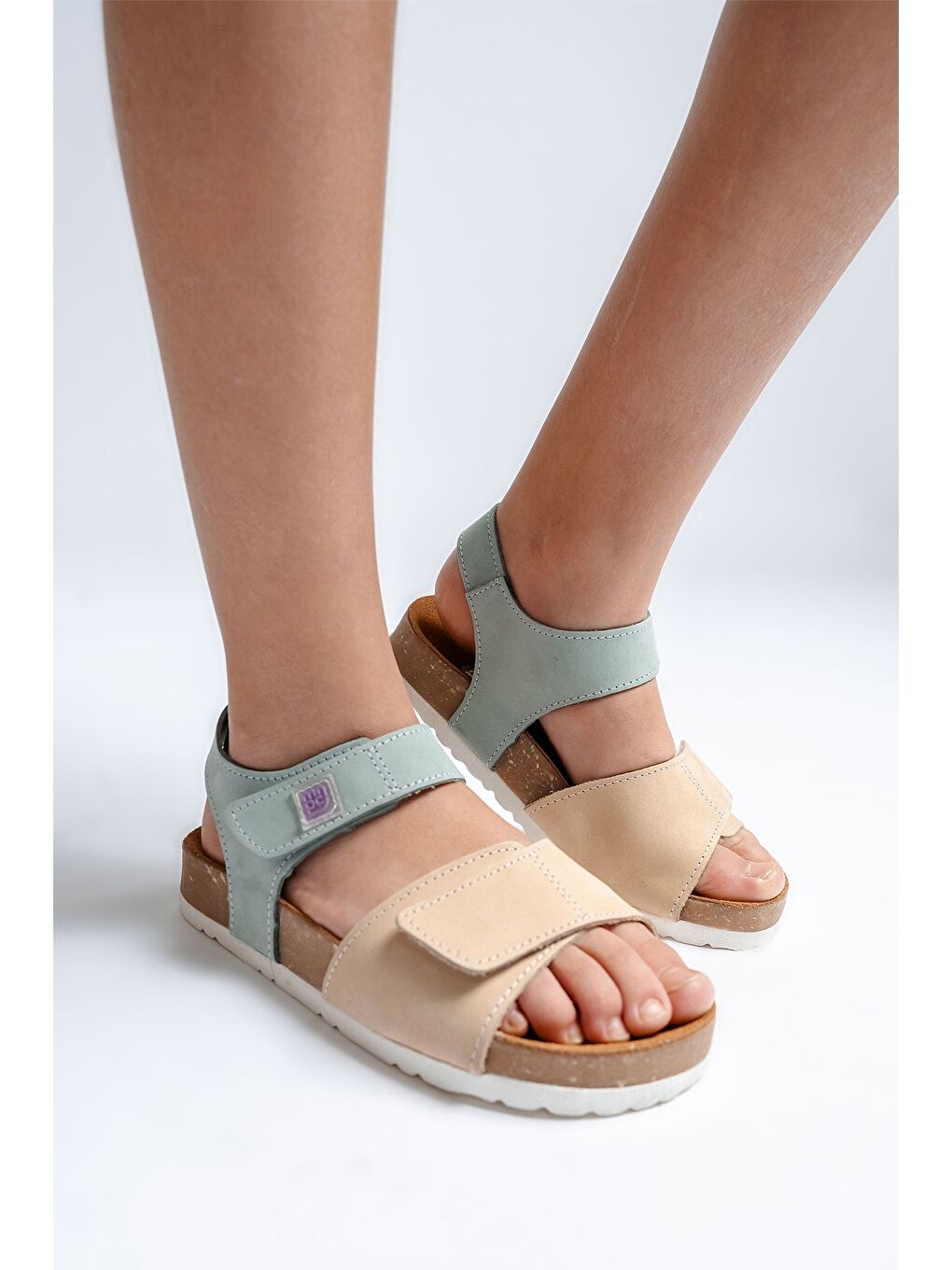 Unisex Çocuk Sarı-Su Yeşili Hakiki Deri Mantar Tabanlı Günlük  Çocuk Sandalet-1