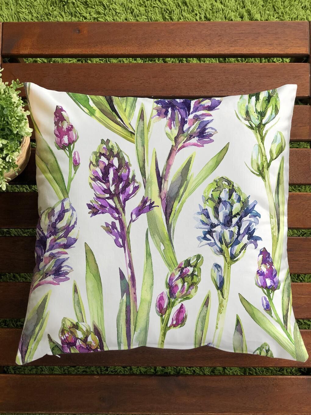 Mor Kadife Doku Çift Taraf Baskılı Bahar Desenleri 43x43 cm Tekli Kırlent Kılıfı-1