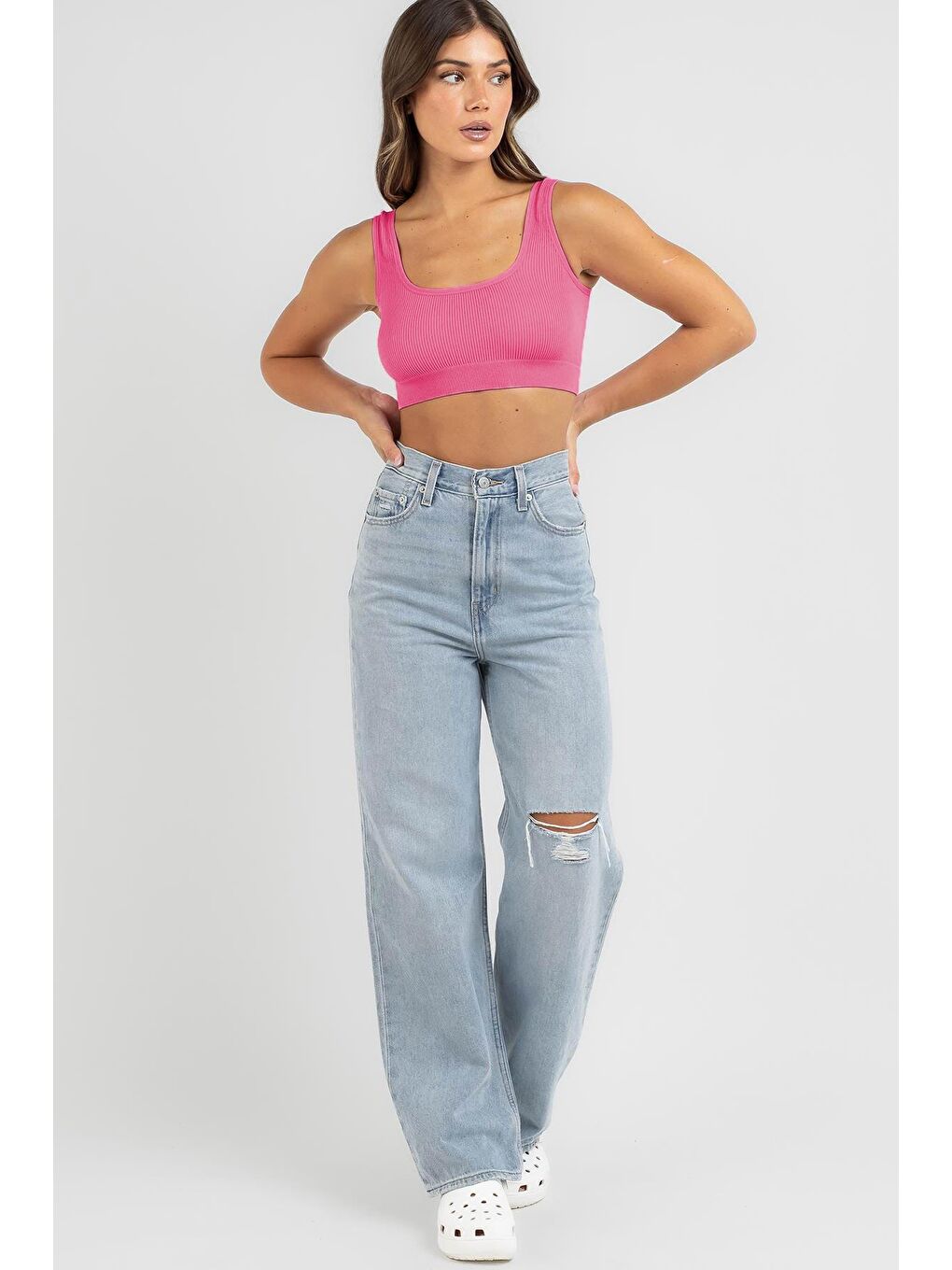 Madmext Pembe Askılı Basic Crop Top Bluz MG1757 - 1