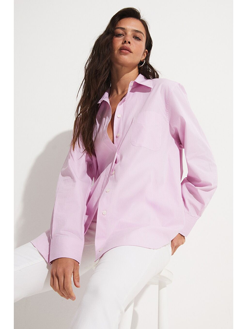 Bol Kesim Pembe Çizgili Pamuk Gömlek-4