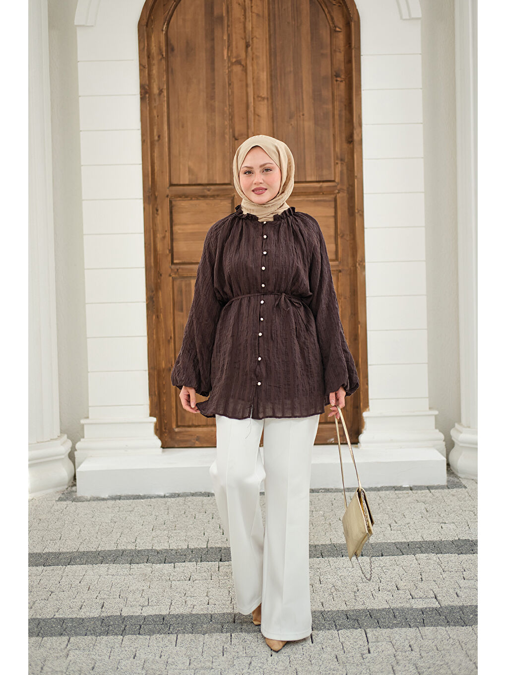 Kadın Önü Britli Simli Büzgülü Gömlek Kahverengi-2