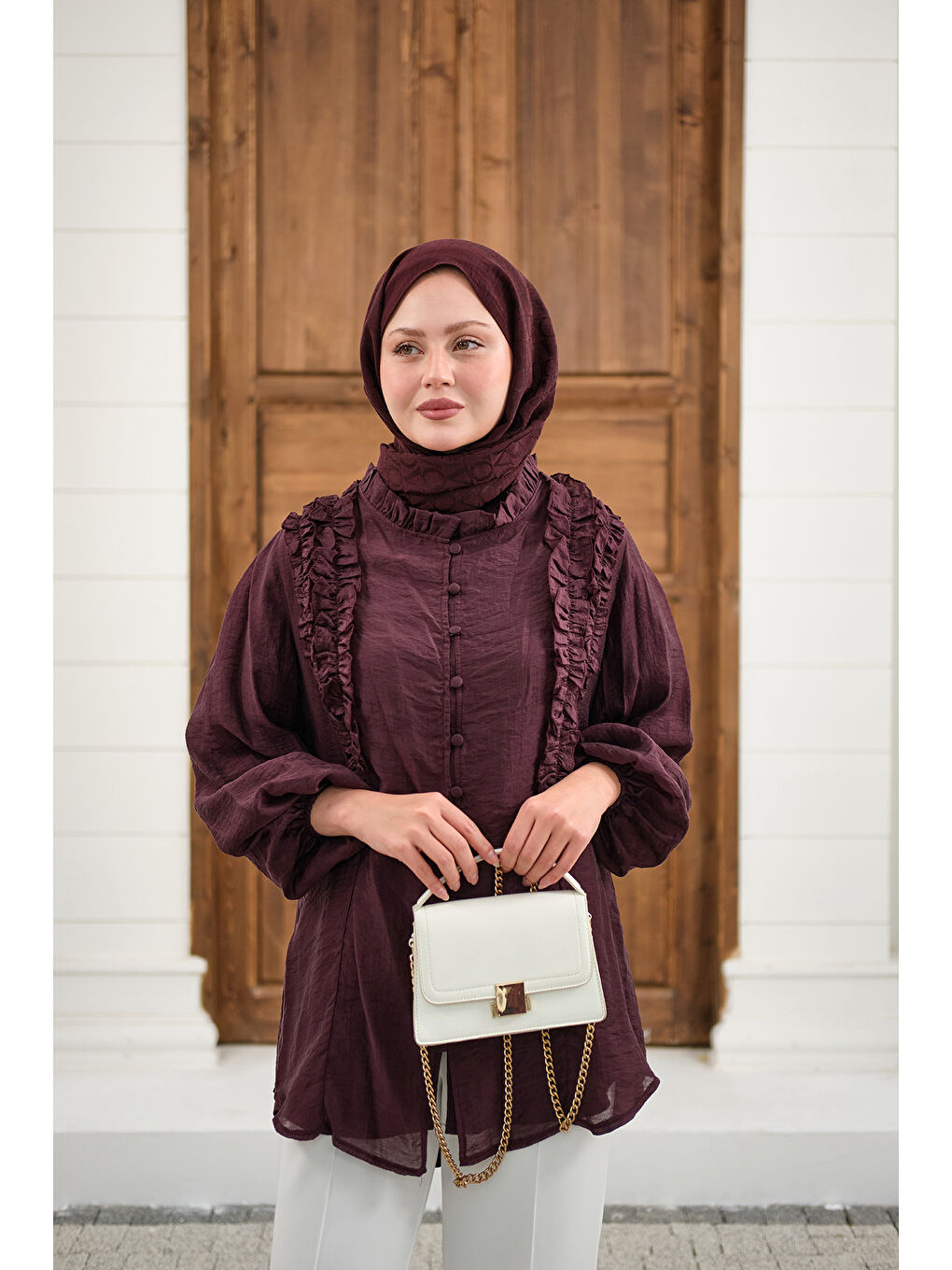 Kadın Yaka Büzgülü Gömlek Bordo-1
