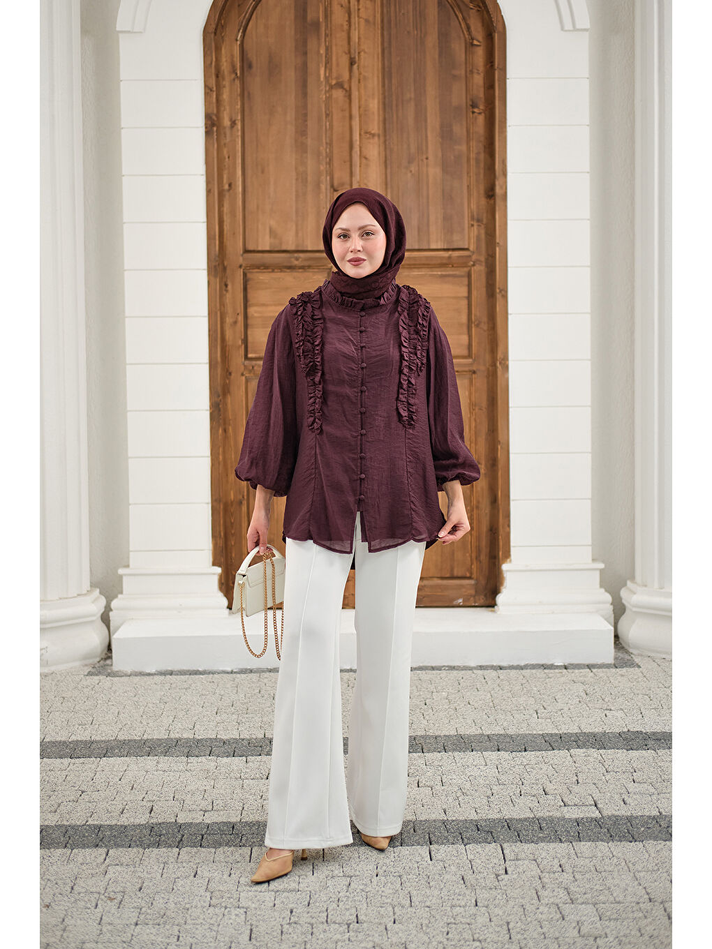 Kadın Yaka Büzgülü Gömlek Bordo-2