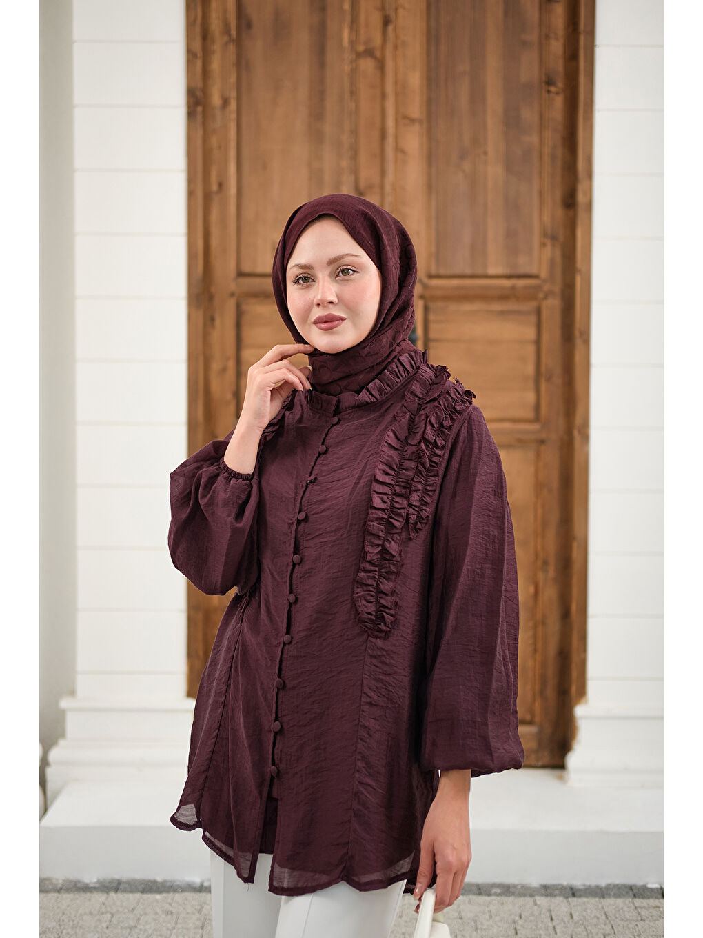 Kadın Yaka Büzgülü Gömlek Bordo-3