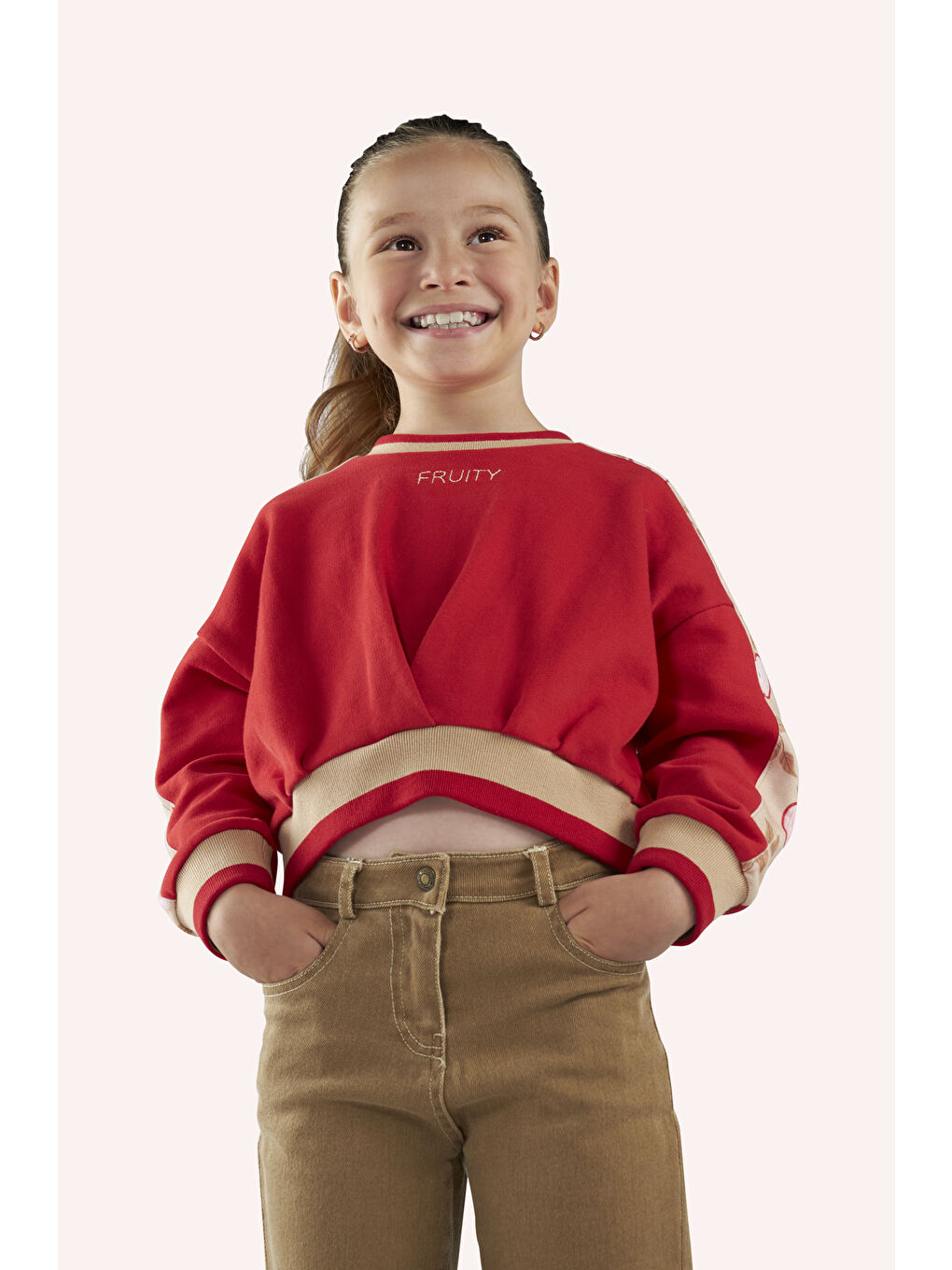 Kız Çocuk Kolları Parça Detaylı Kırmızı Sweatshirt-5