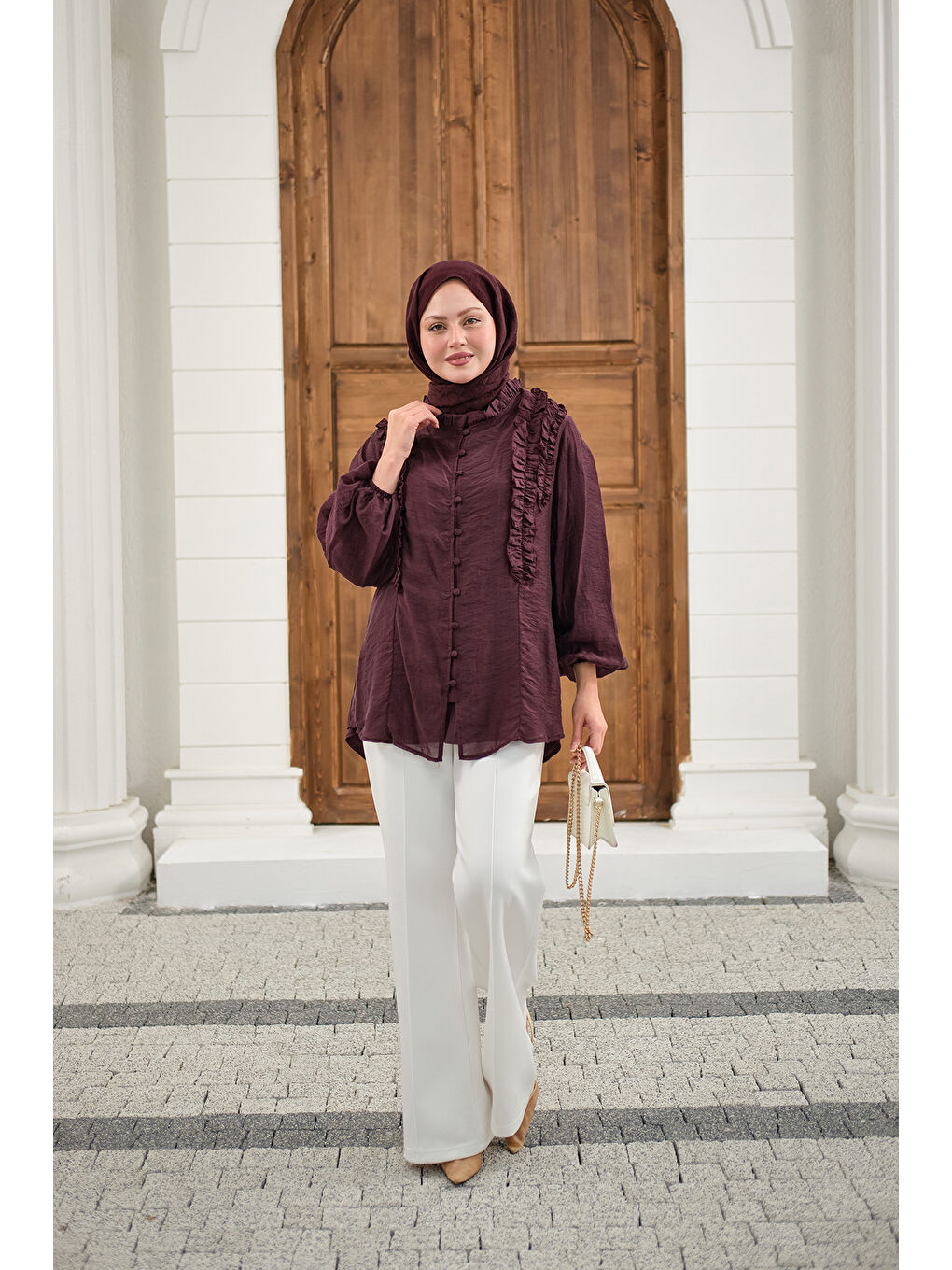 Kadın Yaka Büzgülü Gömlek Bordo-4