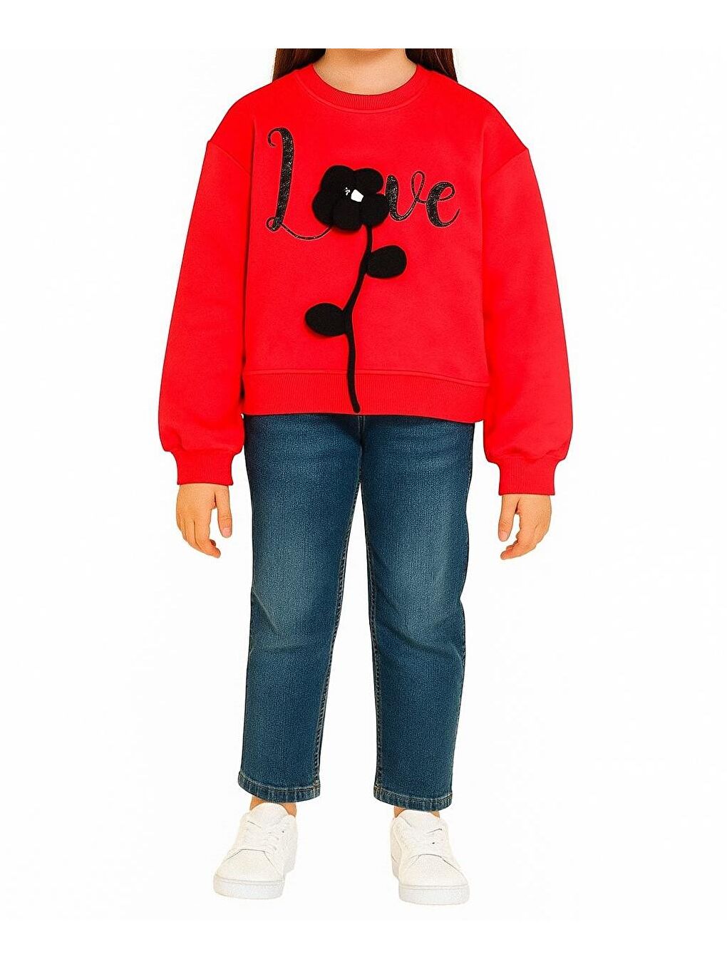 Pembe Kız Çocuk Çiçek Aksesuarlı Sweatshirt