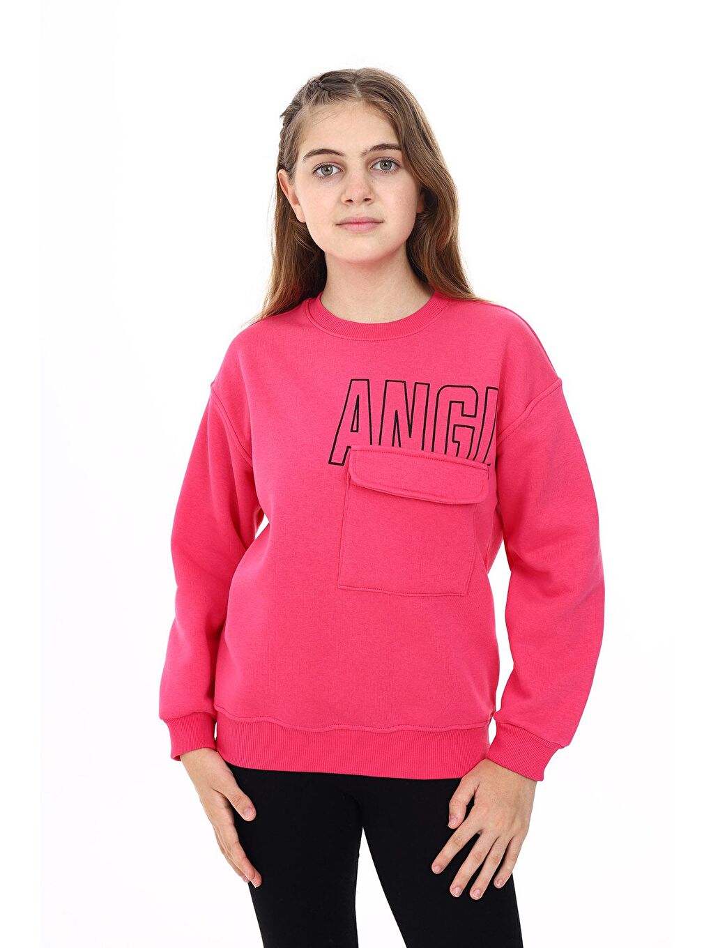 Fuşya Kız Çocuk Baskılı 3 İplik Cep Detaylı Sweatshirt 7-13 Yaş Lx281