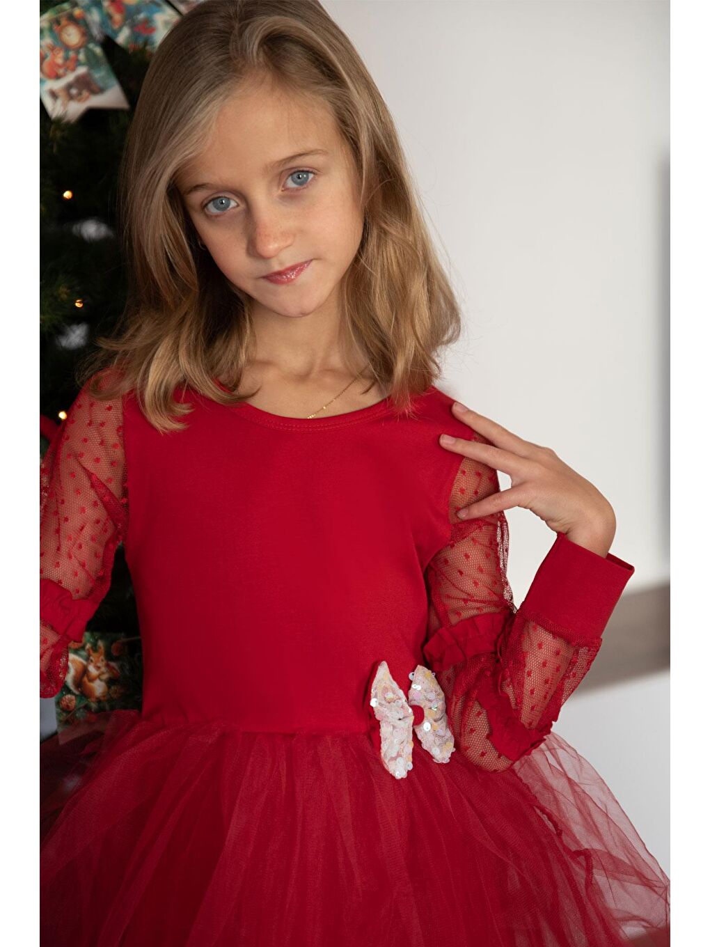 Kız Çocuk Uzun Kollu Elbise Kolları Tül Fiyonk Aksesuarlı Tüllü Kırmızı (5-10 Yaş)-1