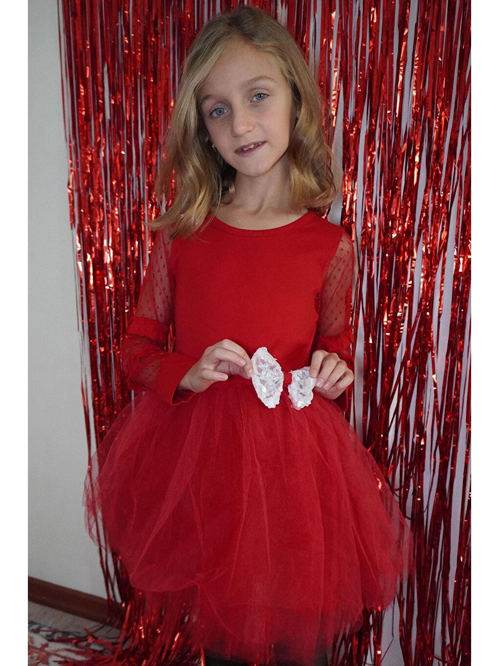 Kız Çocuk Uzun Kollu Elbise Kolları Tül Fiyonk Aksesuarlı Tüllü Kırmızı (5-10 Yaş)-2