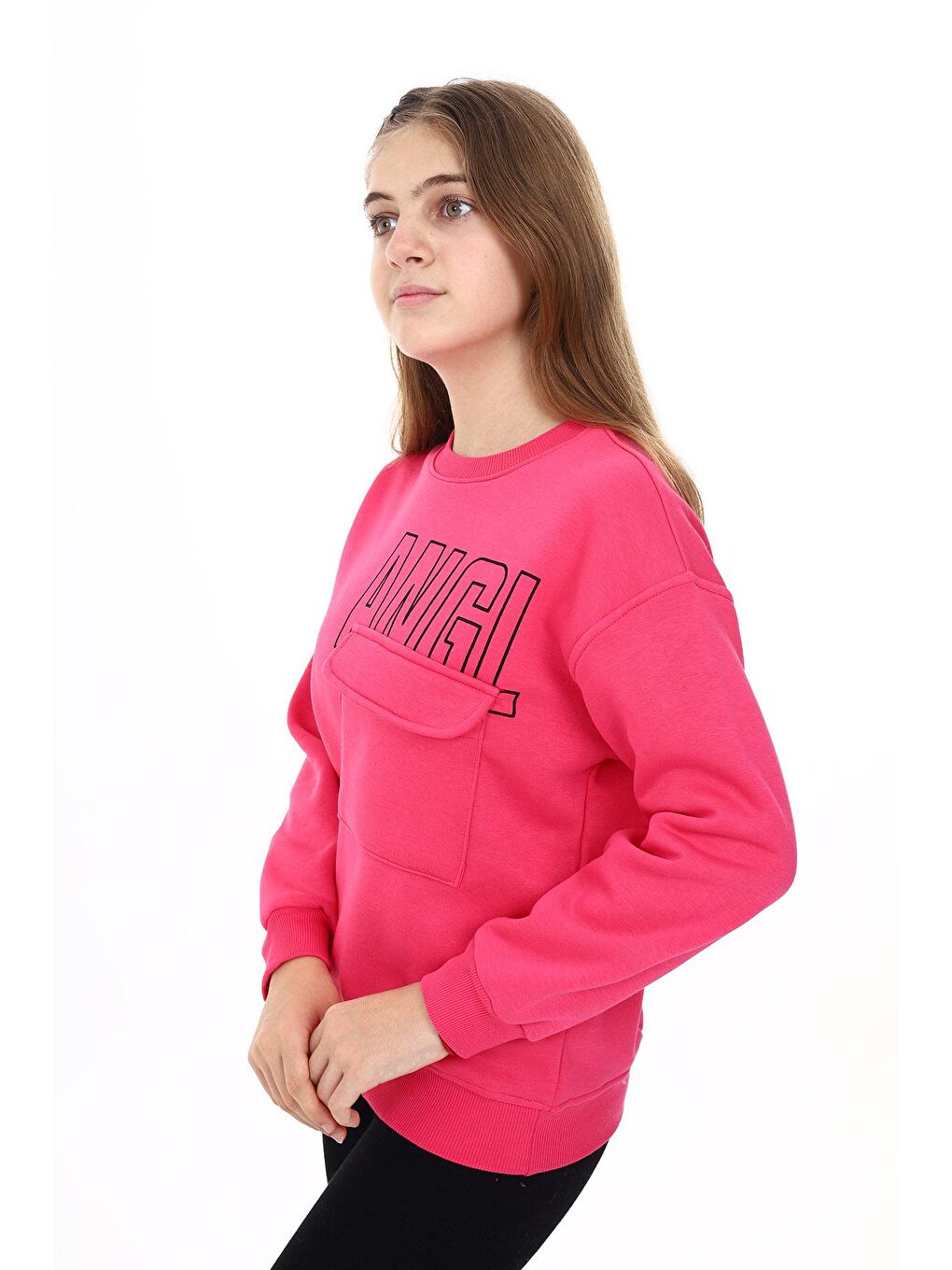 Fuşya Kız Çocuk Baskılı 3 İplik Cep Detaylı Sweatshirt 7-13 Yaş Lx281-1