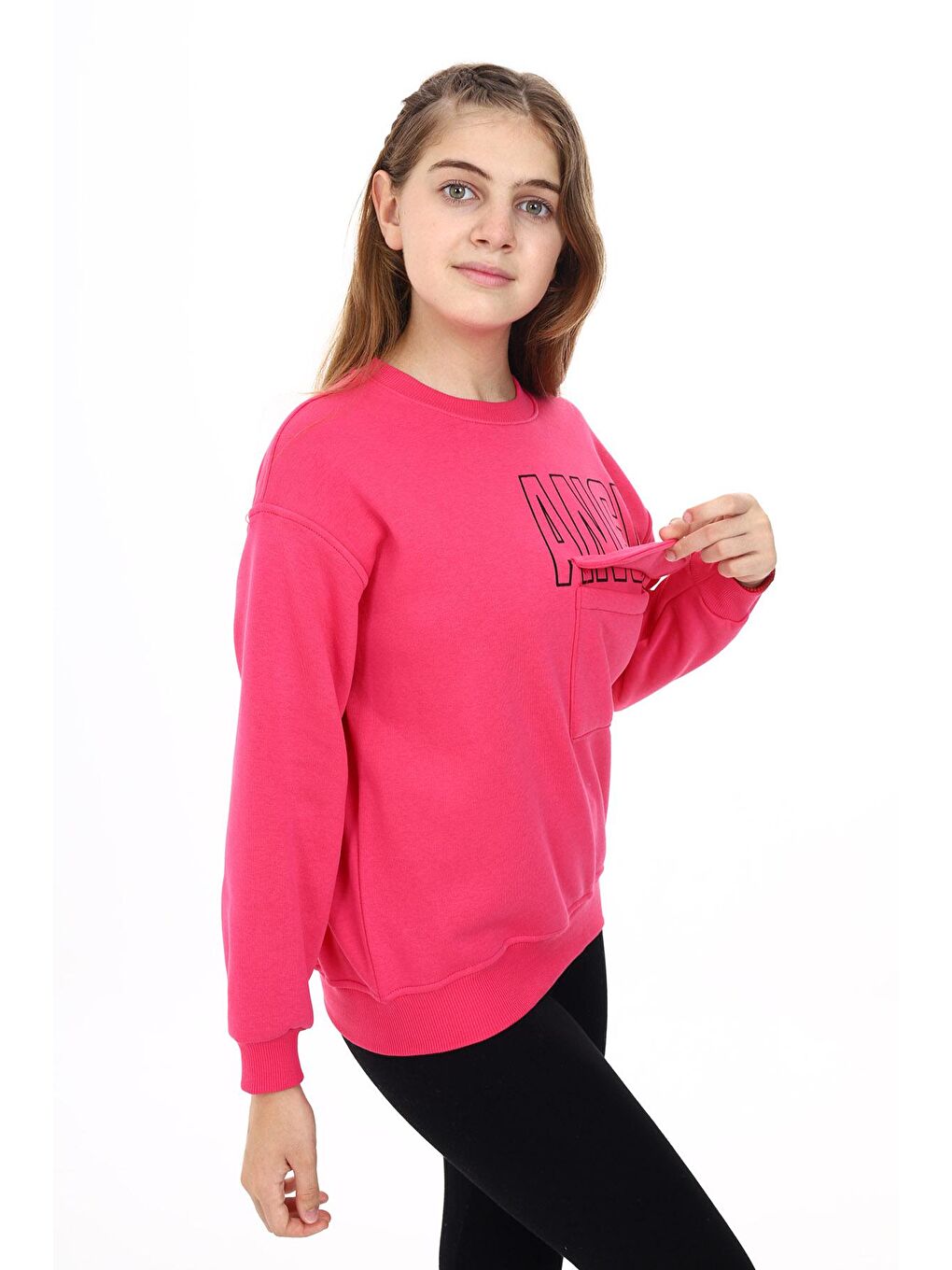 Fuşya Kız Çocuk Baskılı 3 İplik Cep Detaylı Sweatshirt 7-13 Yaş Lx281-2