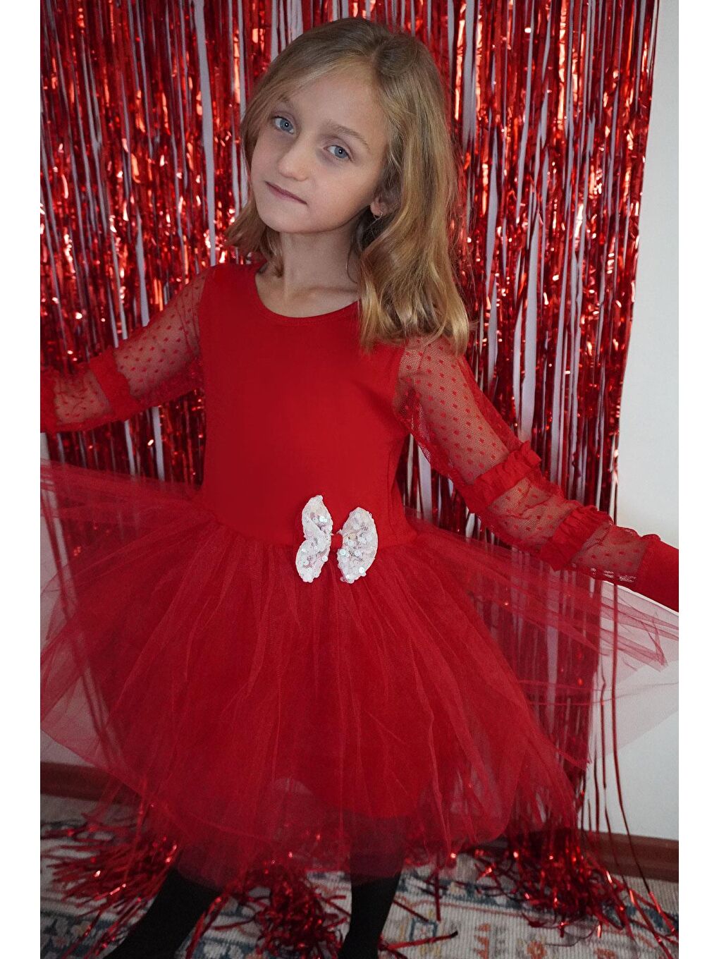 Kız Çocuk Uzun Kollu Elbise Kolları Tül Fiyonk Aksesuarlı Tüllü Kırmızı (5-10 Yaş)-3