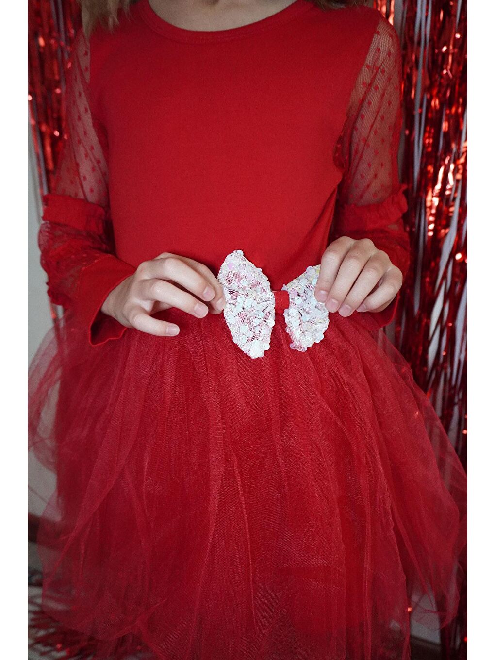 Kız Çocuk Uzun Kollu Elbise Kolları Tül Fiyonk Aksesuarlı Tüllü Kırmızı (5-10 Yaş)-4