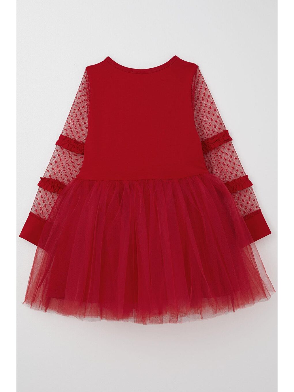 Kız Çocuk Uzun Kollu Elbise Kolları Tül Fiyonk Aksesuarlı Tüllü Kırmızı (5-10 Yaş)-6