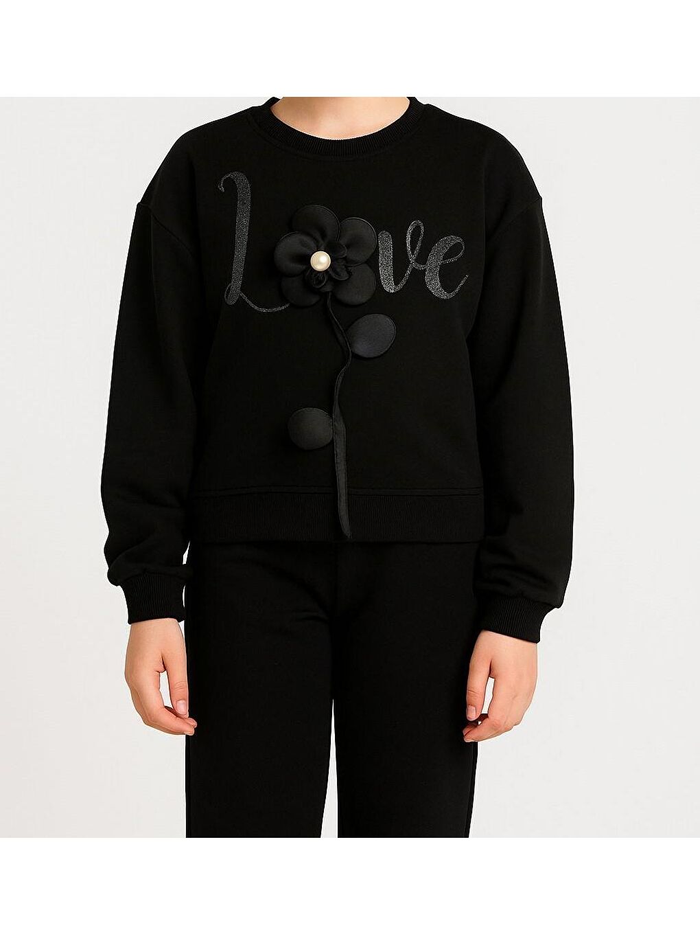 Siyah Kız Çocuk Çiçek Aksesuarlı Sweatshirt