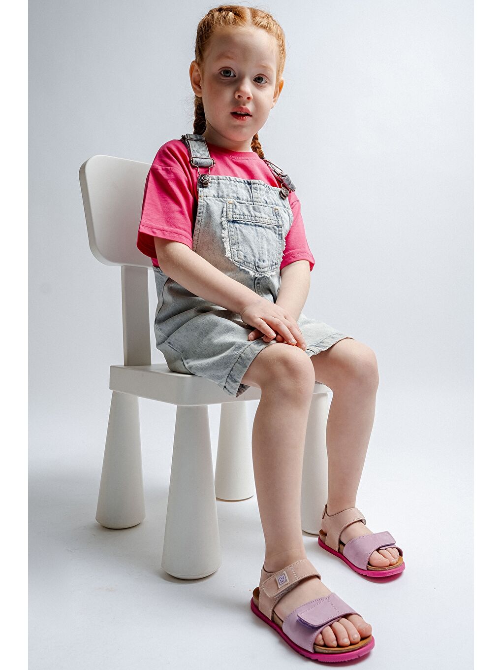 Unisex Çocuk Lila-Pembe Hakiki Deri Mantar Tabanlı Günlük Çocuk Sandalet