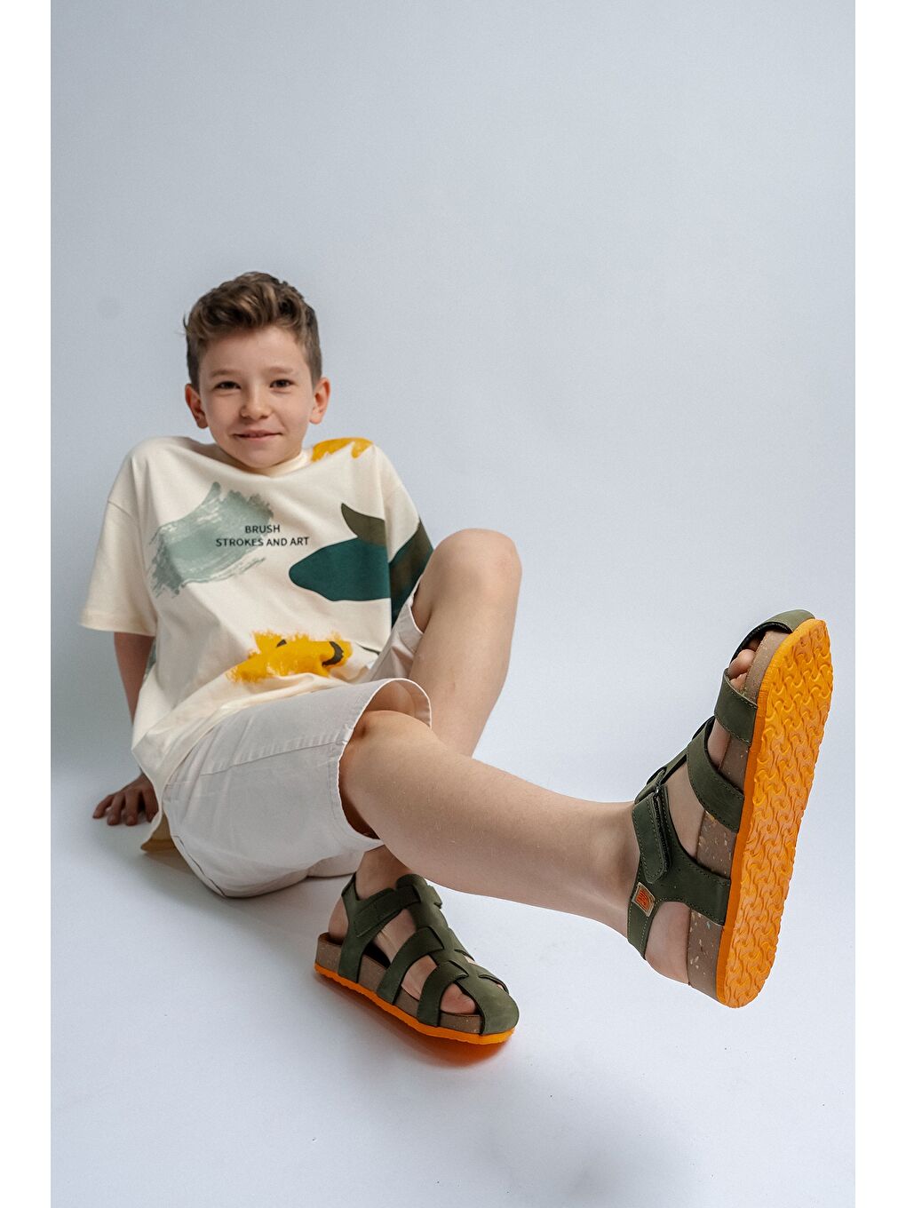 Unisex Çocuk Haki Hakiki Deri Mantar Tabanlı Günlük Çocuk Sandalet-3