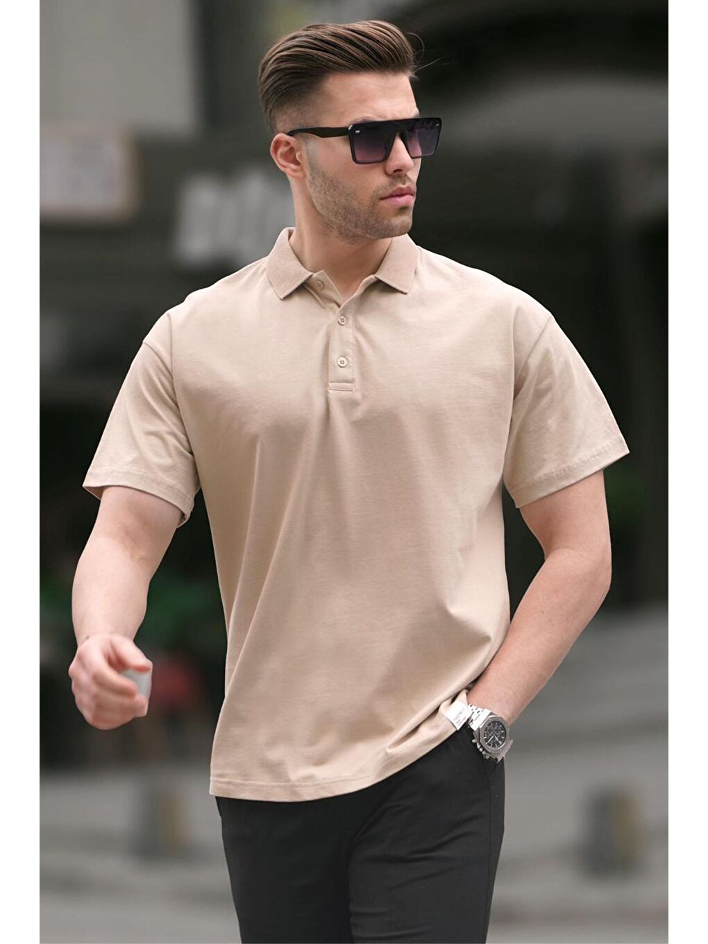 Madmext Beyaz Bej Polo Yaka Basic Erkek Tişört 6126