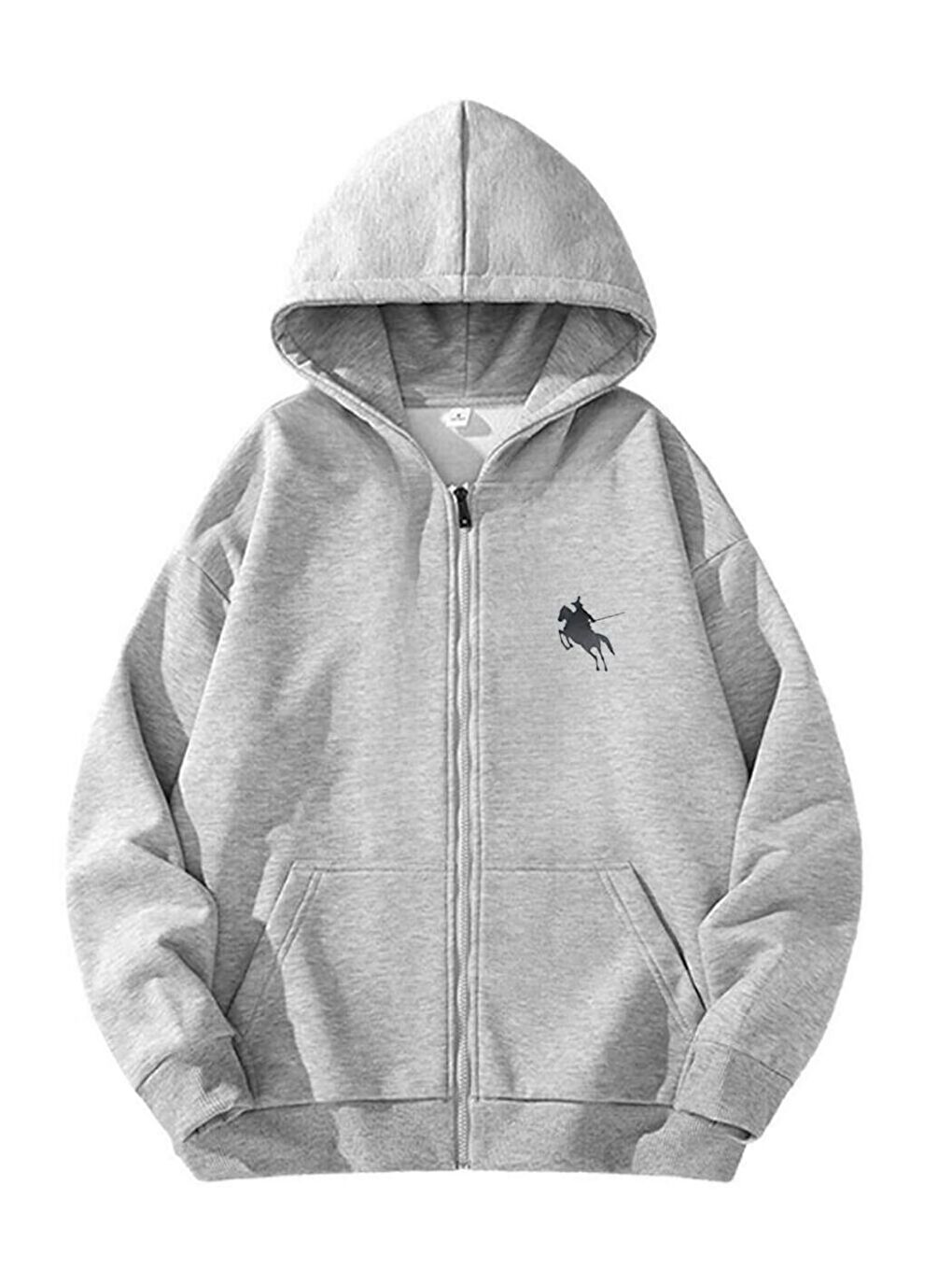 Gri Horse Baskılı Fermuarlı Sweatshirt