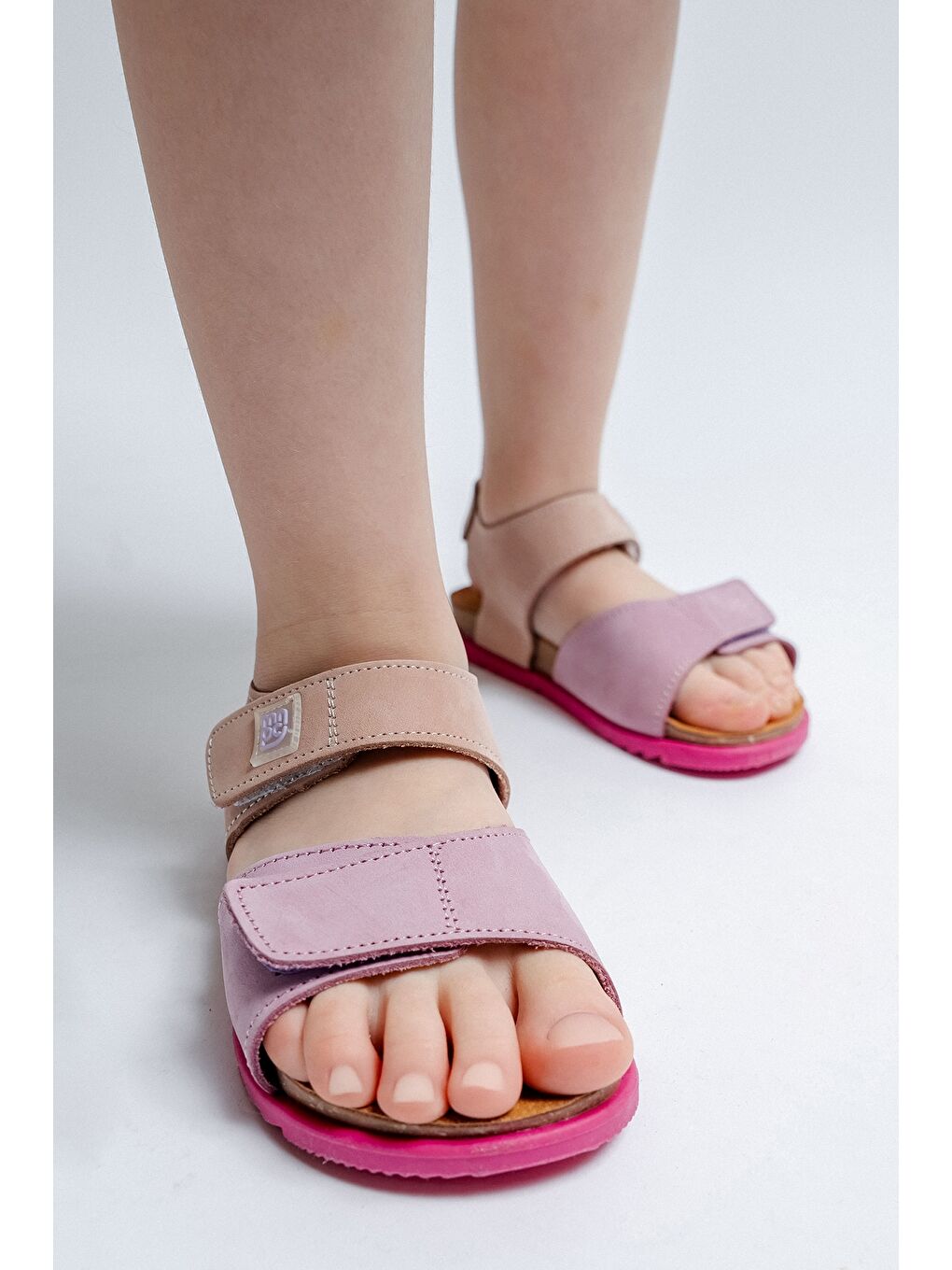 Unisex Çocuk Lila-Pembe Hakiki Deri Mantar Tabanlı Günlük Çocuk Sandalet-3